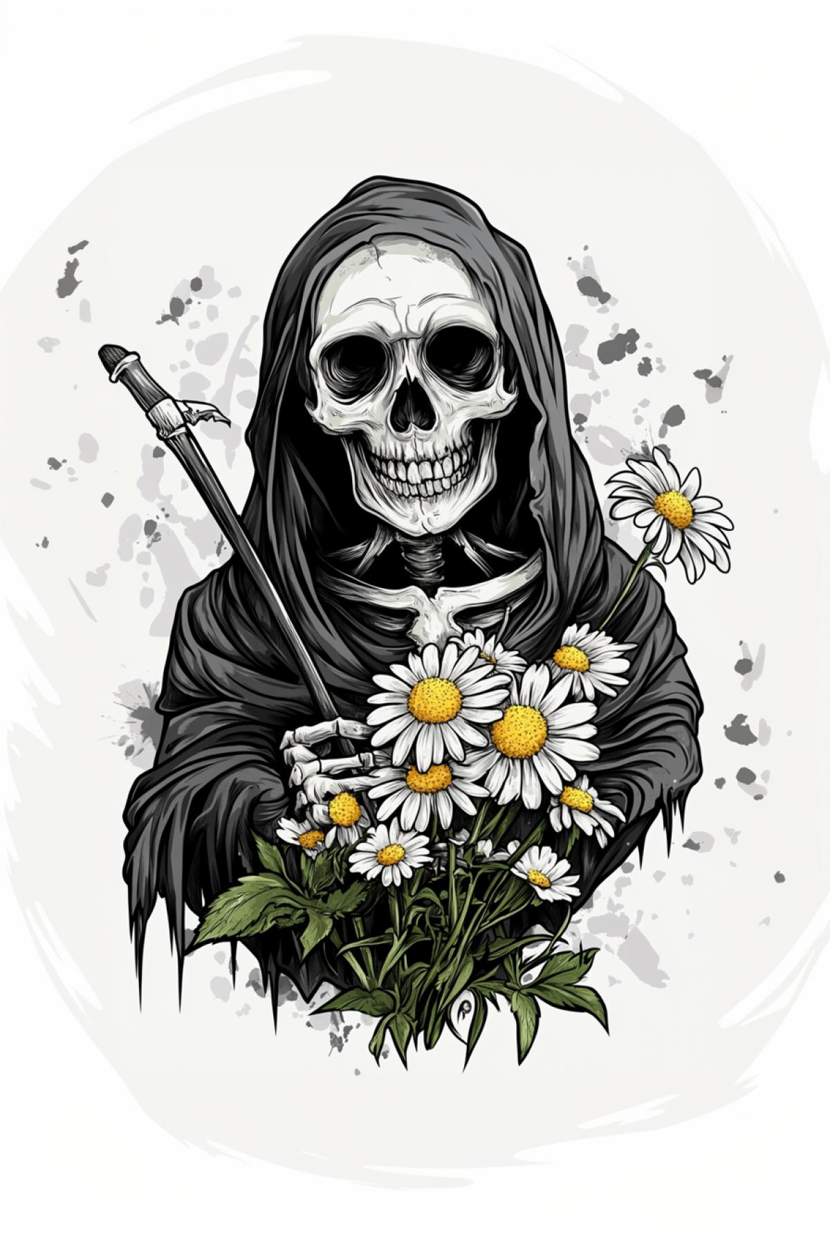 Sticker 2.0, funny grim reaper, cartoon character, daisies, realistic image, photoshop,