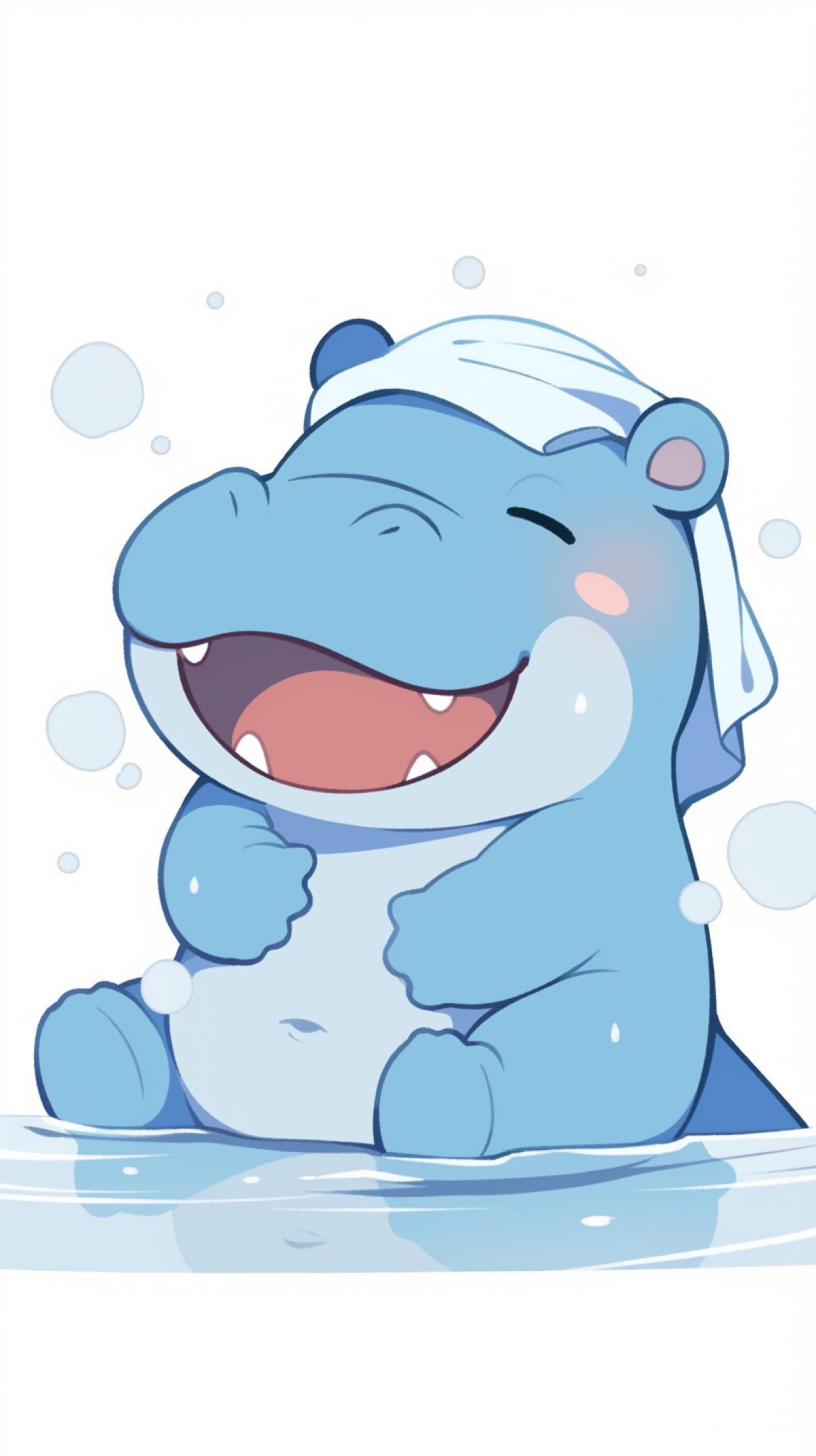Light steam sticker . Blue hippo. comes out of the bathhouse, he is wearing a bathroomcap, he is smiling, happy