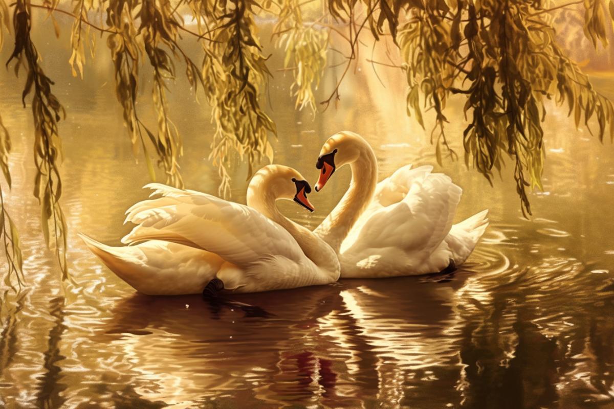 Sticker swan fidelity.. Two swans in a lake under a willow tree