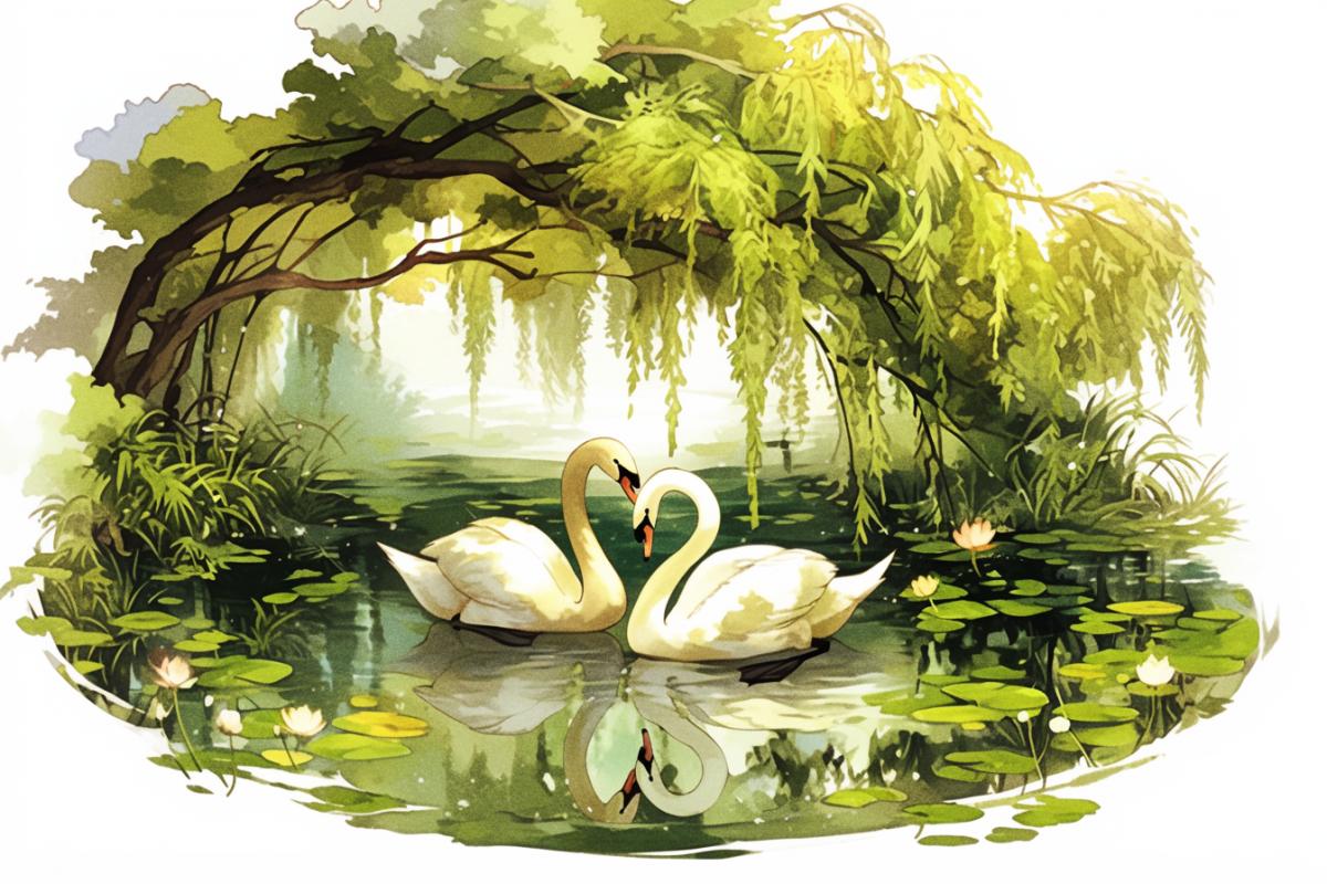 Sticker swan fidelity.. Two swans in a lake under a willow tree