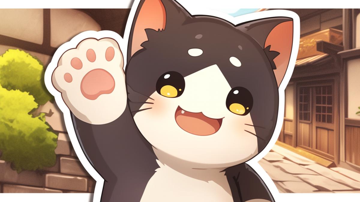 Cute sticker, in the foreground a cute kitten stretches his paw at the camera with his thumb up
