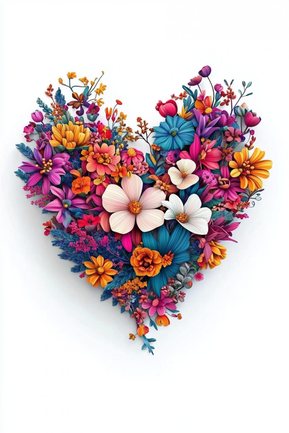 Sticker. Colorful heart made of various flowers and plants, on a white background, in a flat design, done in 3D, with very detailed, intricate details, in illustration style, with professional photography, hyper quality.