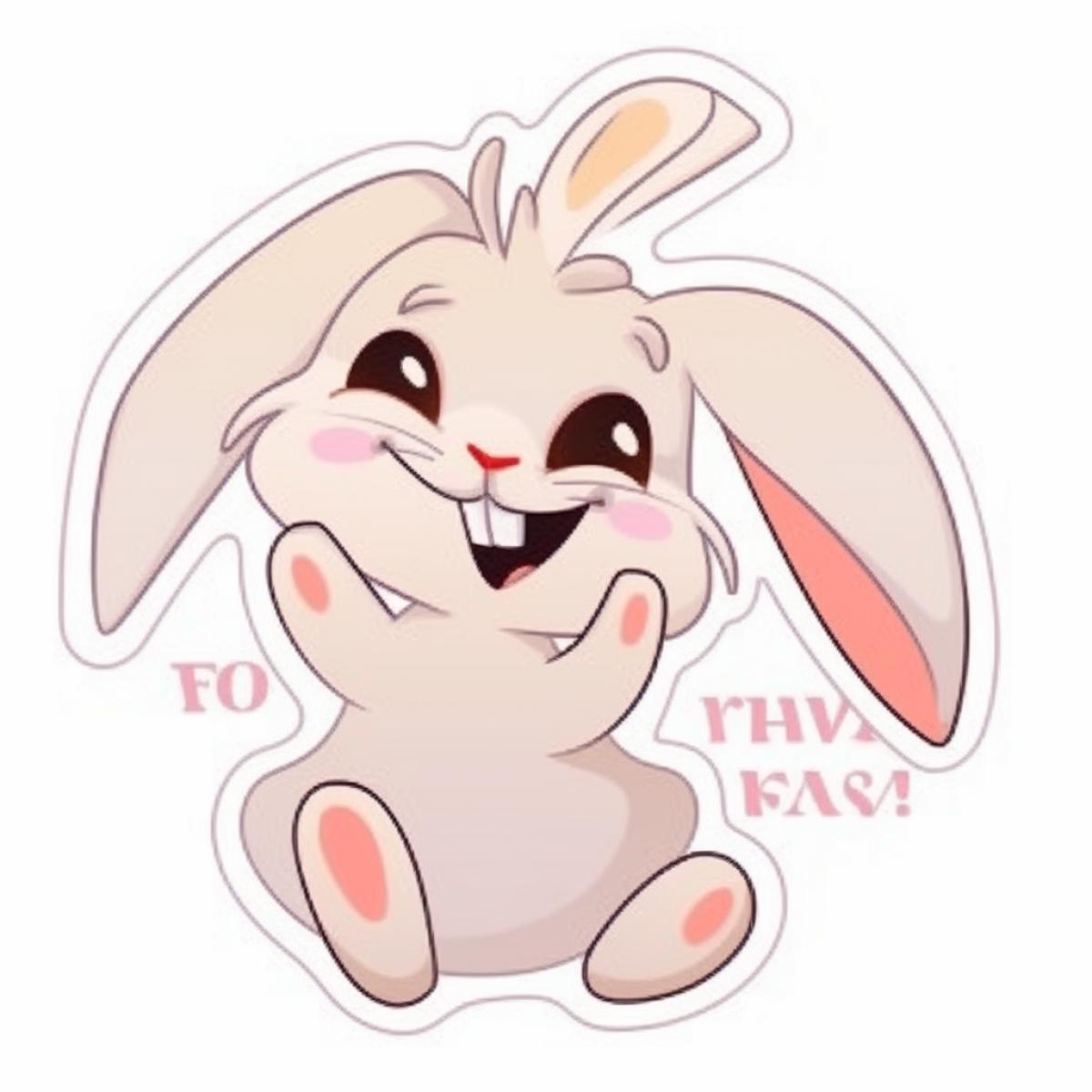 sticker, image of a cute rabbit in the style of Tanya Tkach, fun, joy, happiness, sticker design, isolated image, wide white outline, beige background, inscription \"HAPPY\"
