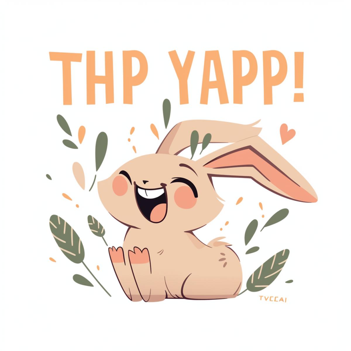 sticker, image of a cute rabbit in the style of Tanya Tkach, fun, joy, happiness, sticker design, isolated image, wide white outline, beige background, inscription \"HAPPY\"