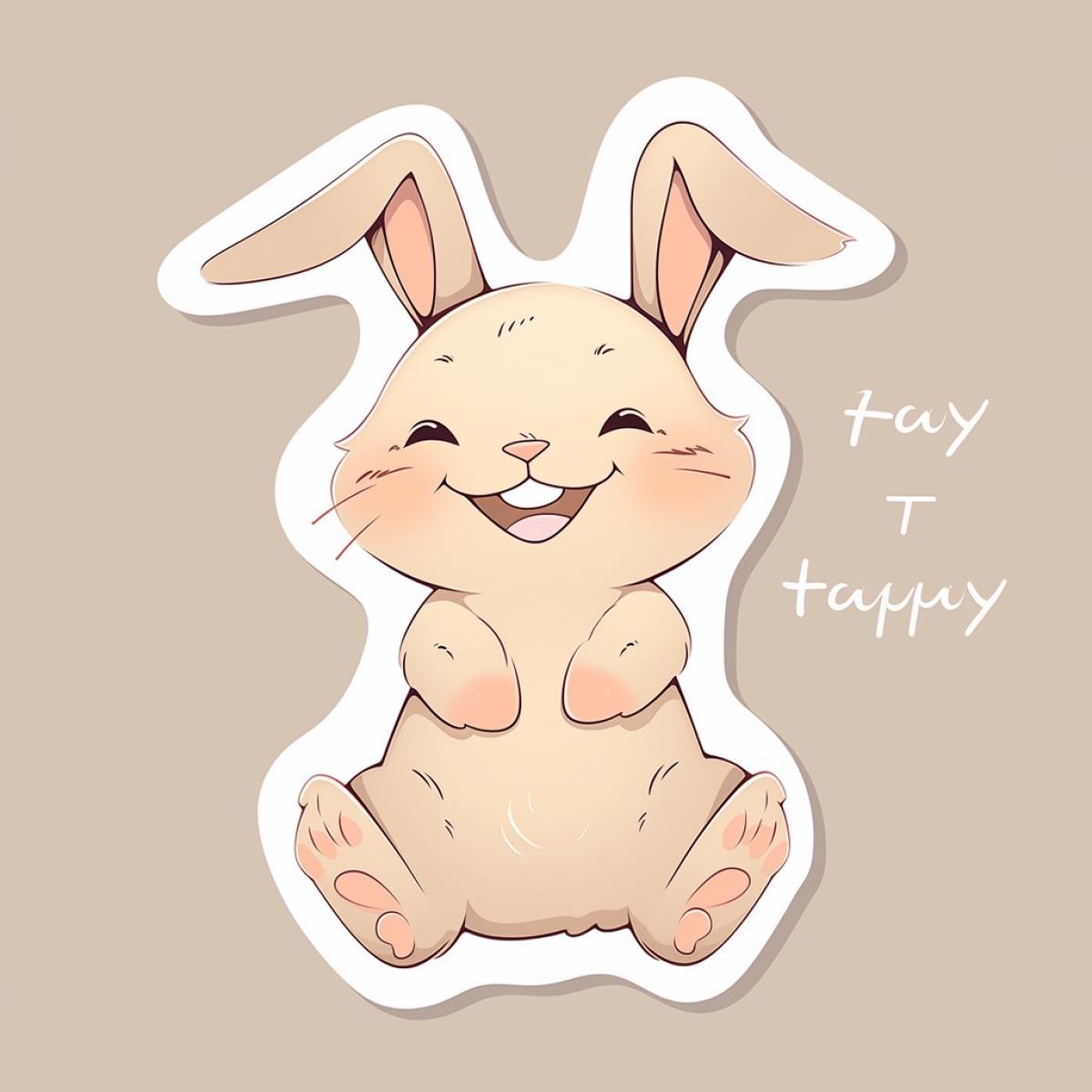 sticker, image of a cute rabbit in the style of Tanya Tkach, fun, joy, happiness, sticker design, isolated image, wide white outline, beige background, inscription \"HAPPY\"