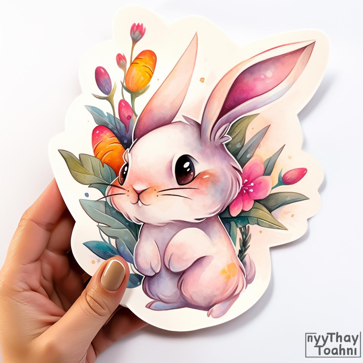 high quality, cute sticker, cute character, colorful, bunny with flower, from Tanya Tkach, stunning, watercolor