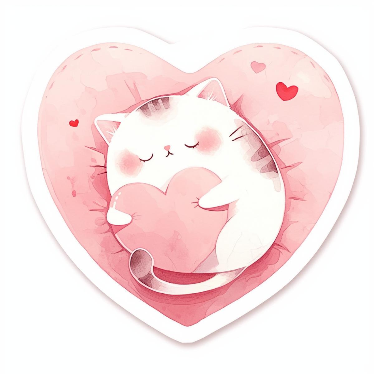 Sticker design. Watercolor cartoon cute cat in love.