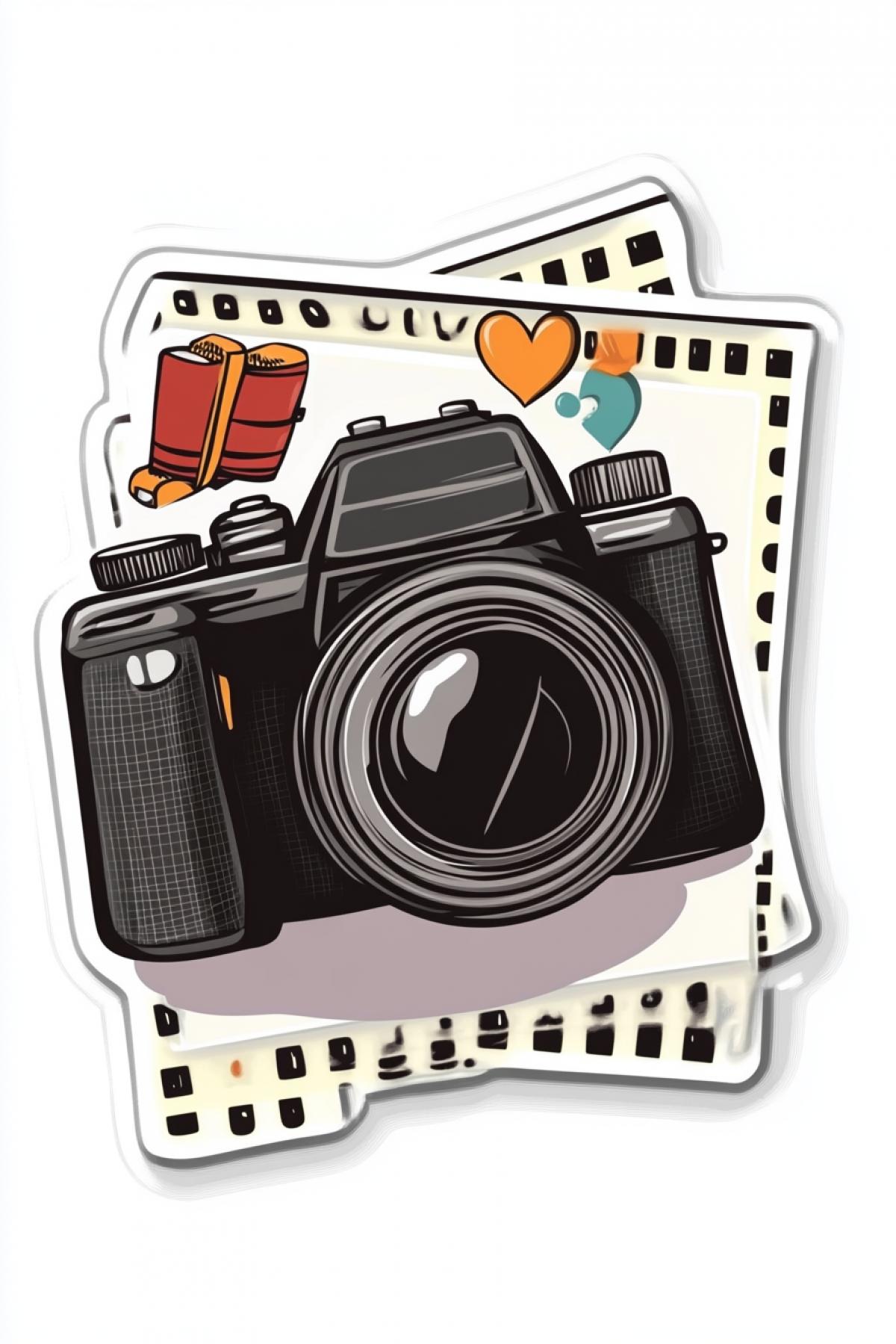 Sticker, a camera in a film frame with photo equipment on the background