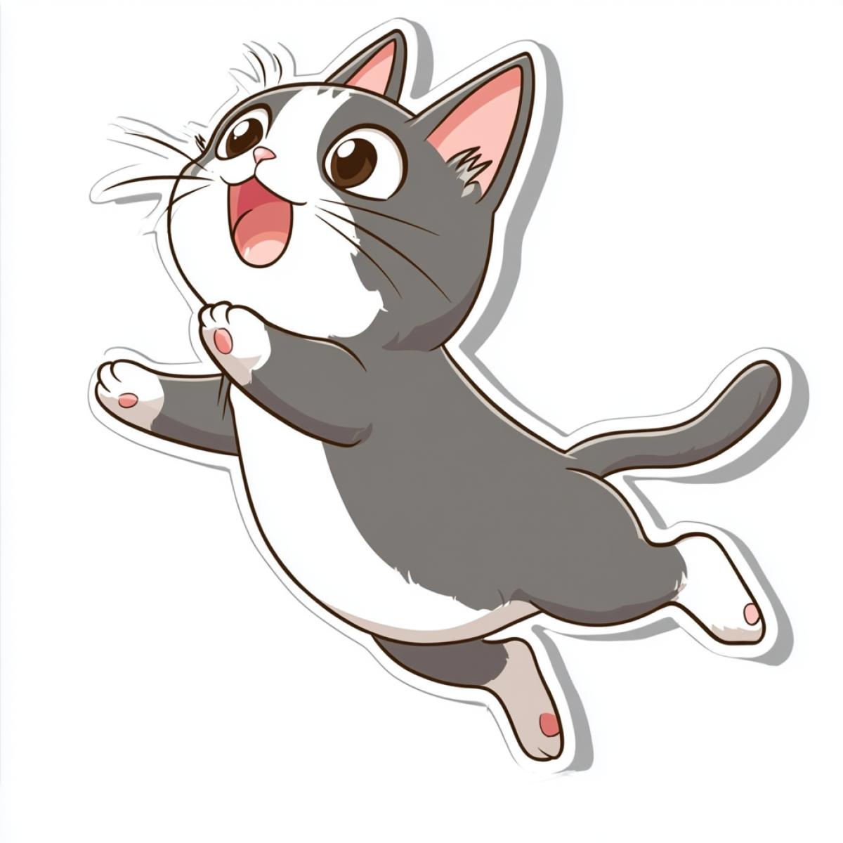 Sticker design. cartoon Ghibli style jumping slender long-legged cat