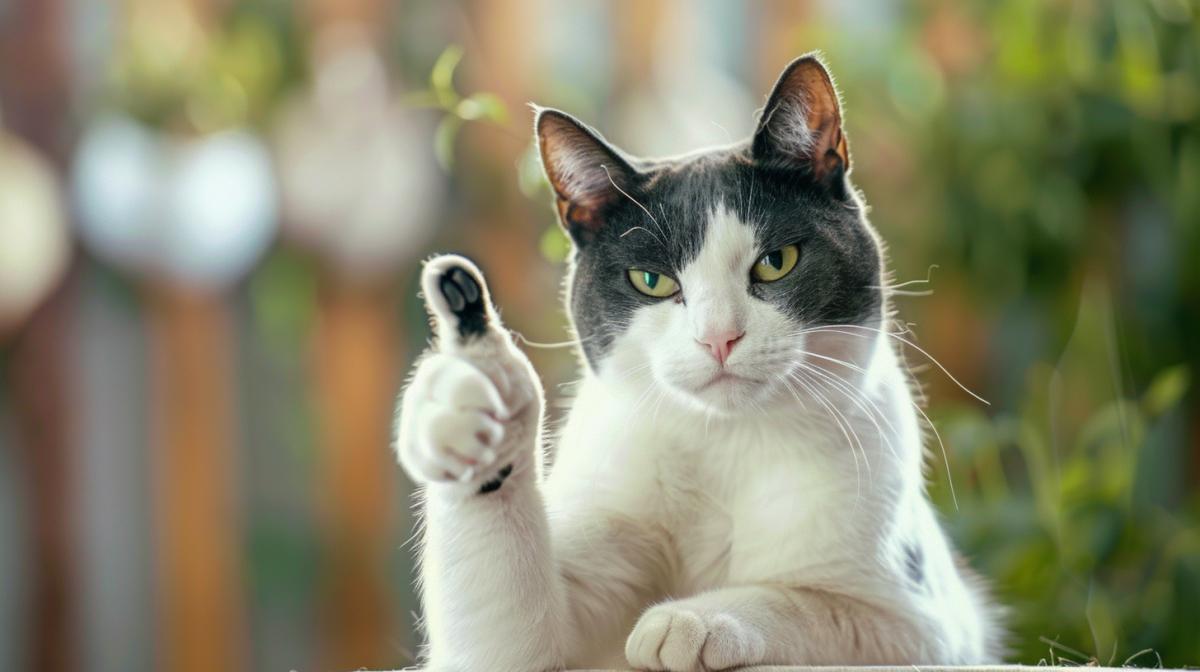 A drawn sticker, in the foreground a cute kitten stretches its paw towards the camera with its thumb raised up.