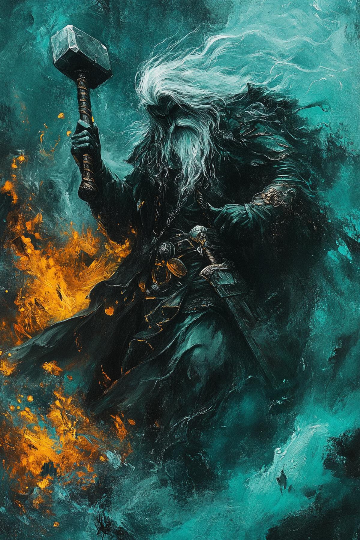 God Thor and his hammer in Hildebrandt style