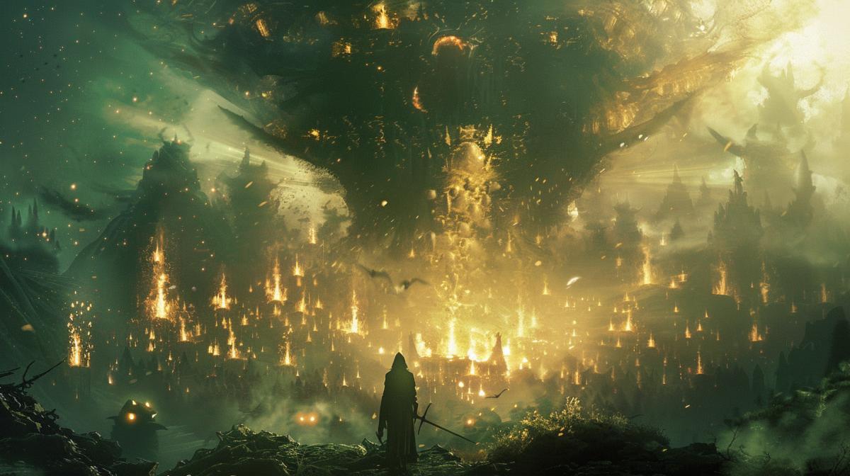In the foreground, the Valkyrie::5 in sparks and flames from the torn detailed of the slain giant::2 carries away his soul::1 in the background, the Scandinavian gods::4 are down on one knee, the style of Scandinavian myths, contour lighting, high definition