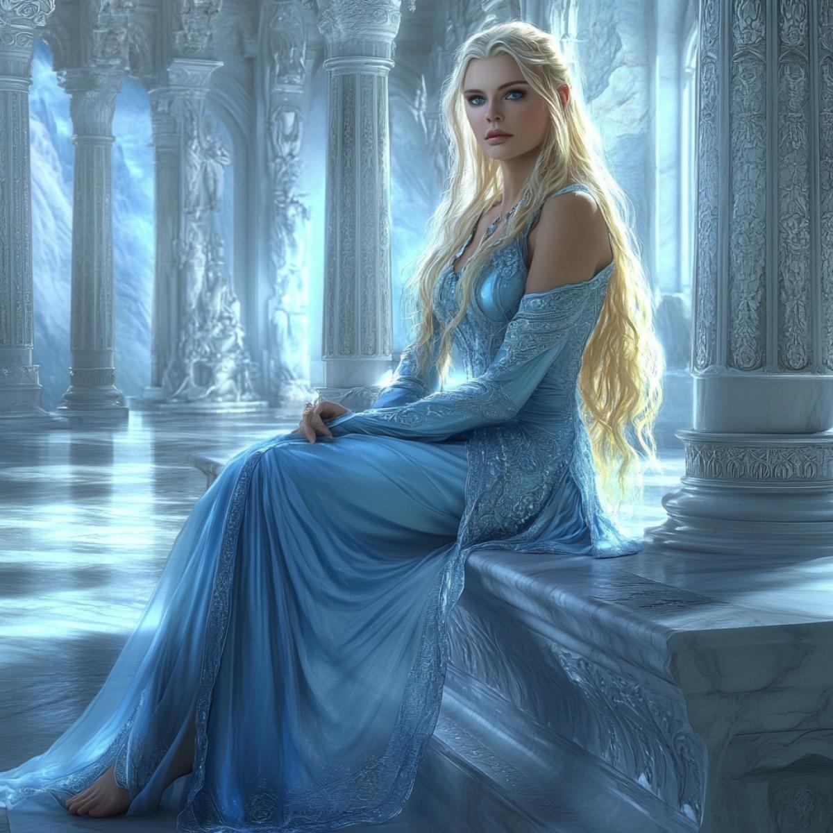 The most beautiful Heavenly Asgarth, a columned hall made of white marble, in the middle of the hall sits the beautiful Sif on a crystal bench, long golden hair falls over her shoulders to the floor at Sif’s feet, enchanting sky-blue eyes sparkle with life, love, a smile on her beautiful lips, a long blue magnificent dress from heavenly silk The lighting is professional, bright, lively