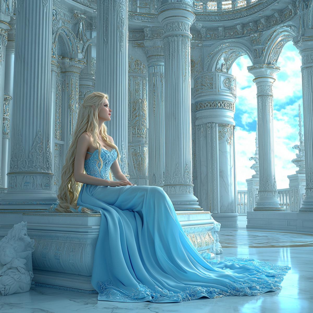 The most beautiful Heavenly Asgarth, a columned hall made of white marble, in the middle of the hall sits the beautiful Sif on a crystal bench, long golden hair falls over her shoulders to the floor at Sif’s feet, enchanting sky-blue eyes sparkle with life, love, a smile on her beautiful lips, a long blue magnificent dress from heavenly silk The lighting is professional, bright, lively