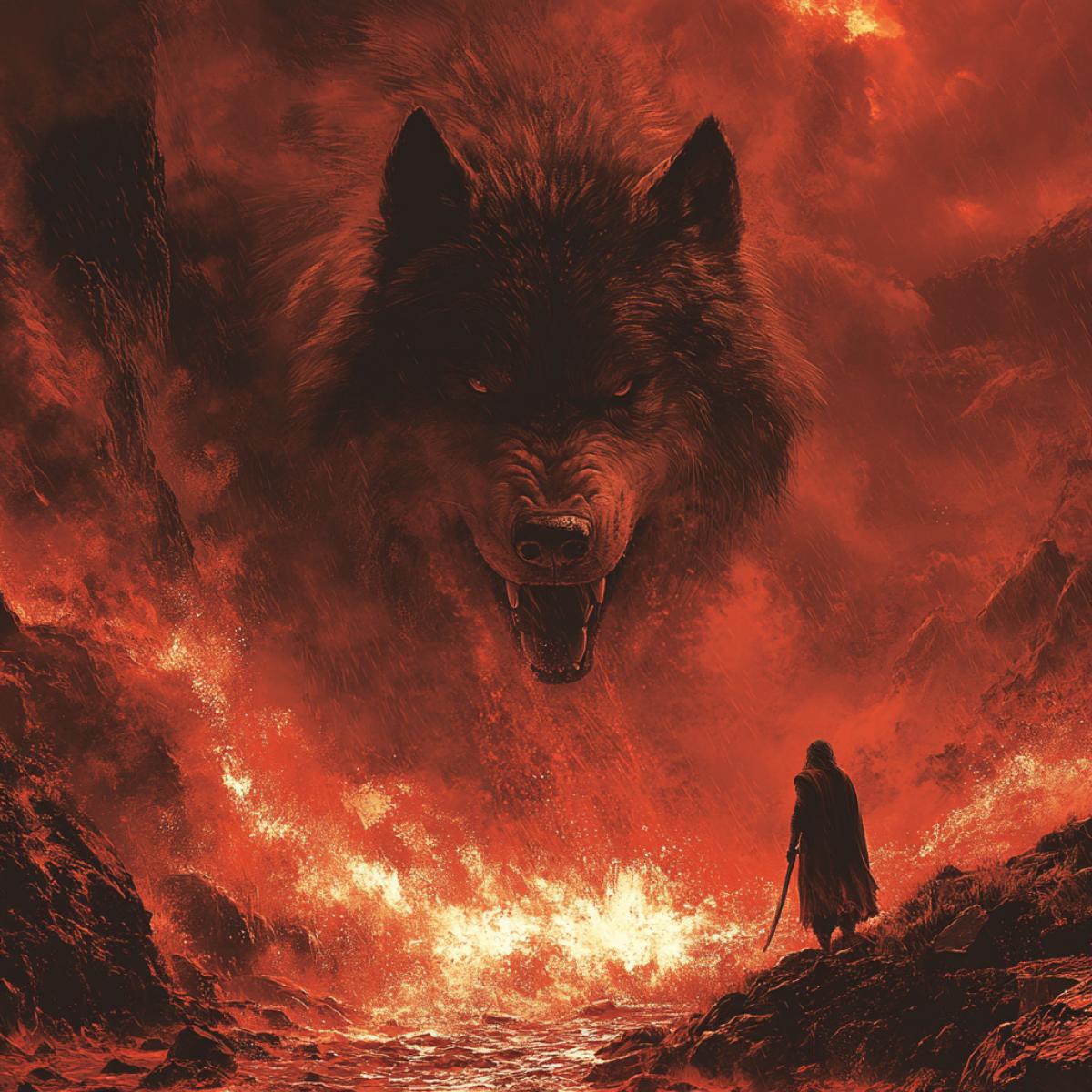 The great red liquid battle of the god Vidarr with the big dark wolf Fenrir on the island of Lyngvi.