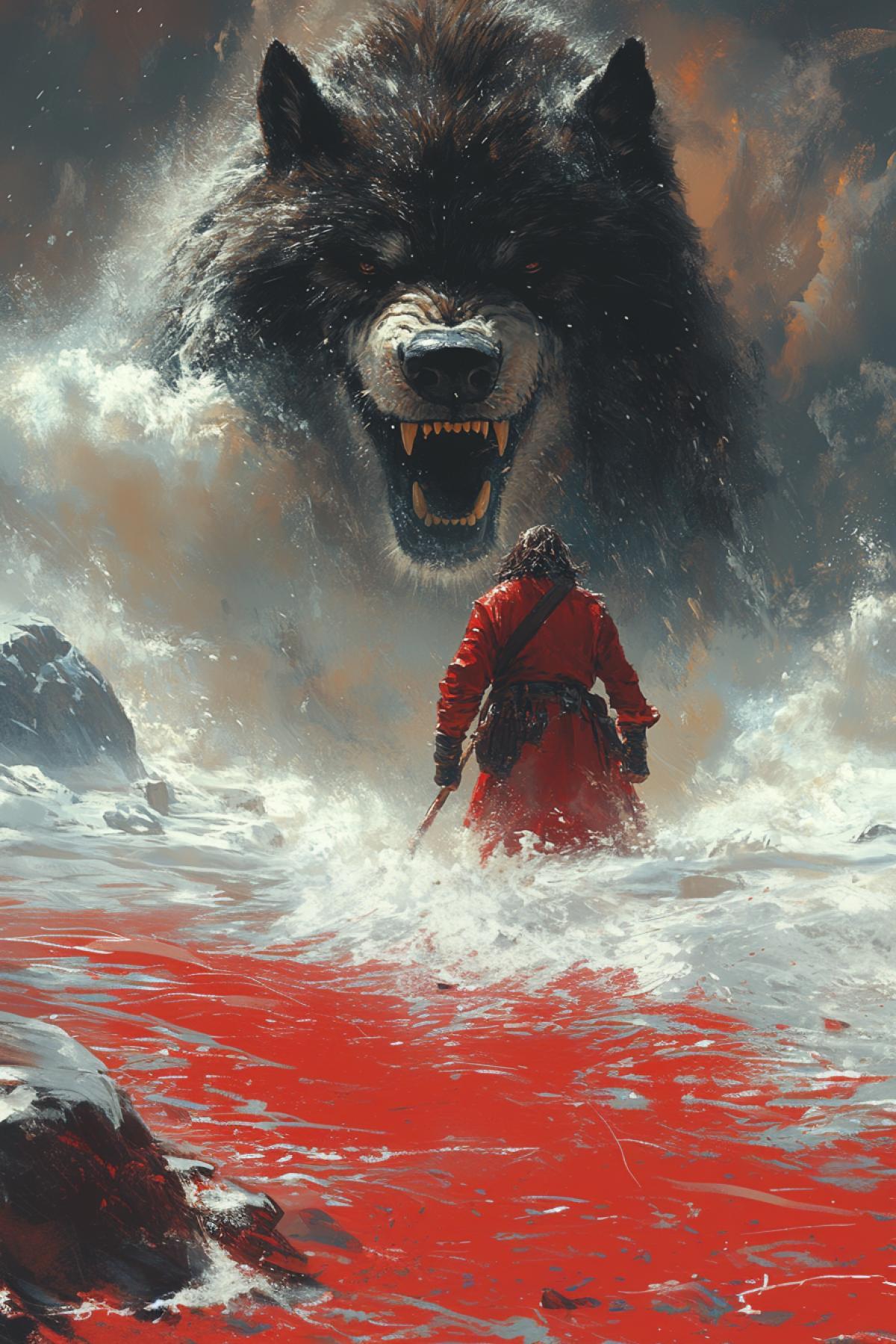 The great red liquid battle of the god Vidarr with the big dark wolf Fenrir on the island of Lyngvi.