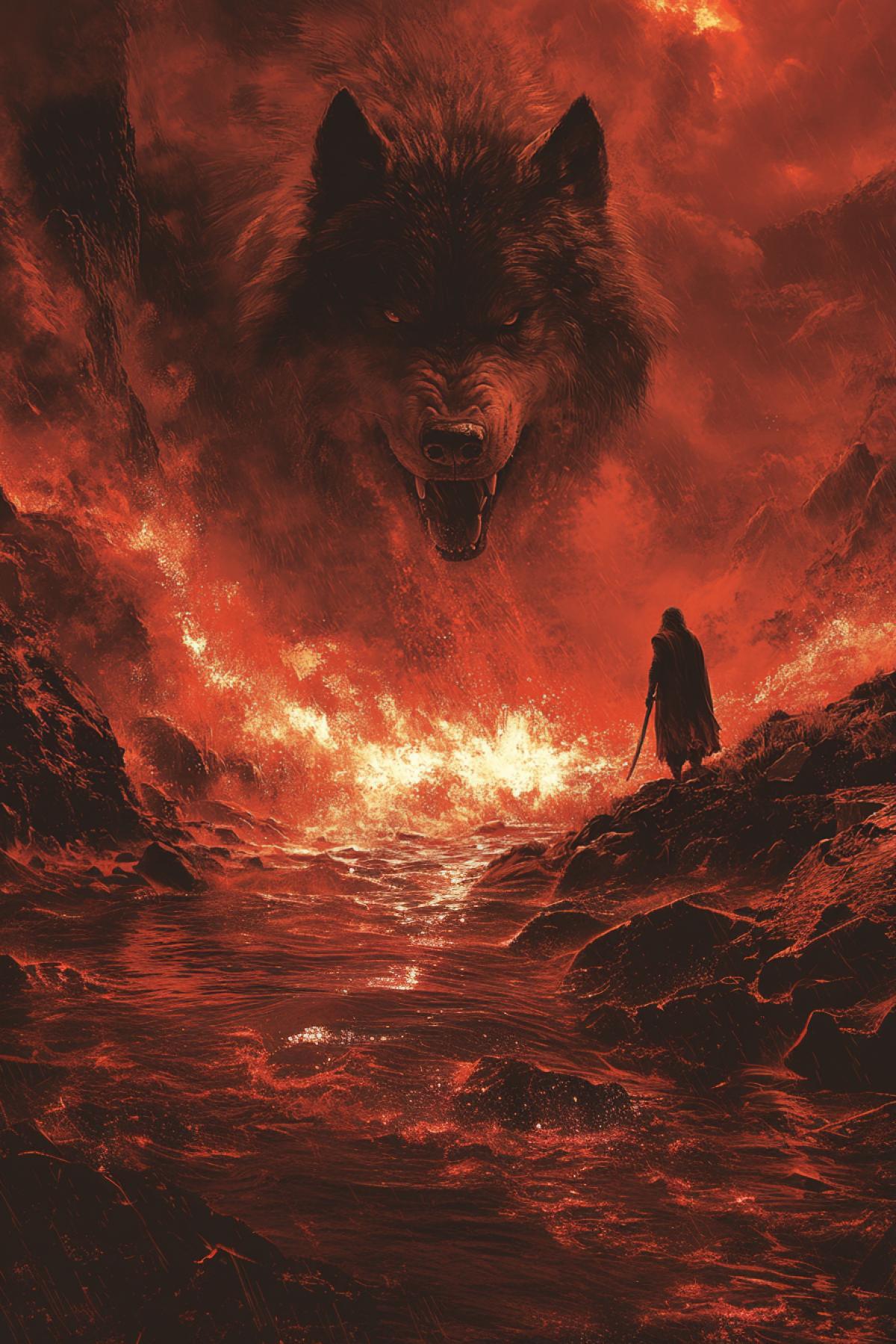The great red liquid battle of the god Vidarr with the big dark wolf Fenrir on the island of Lyngvi.