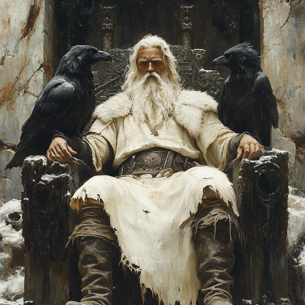 Asgarth, Hall of Columns made of crystal, the great god Odin sits on a throne of dark marble. Wolves sit at Odins feet and feed on the meat of those hited in battle, two ravens sit on his shoulders. Next to the throne stands Sleipnir, the son of Loki and the giant horse Svadilfari. This is a beautiful and strong horse with eight legs,