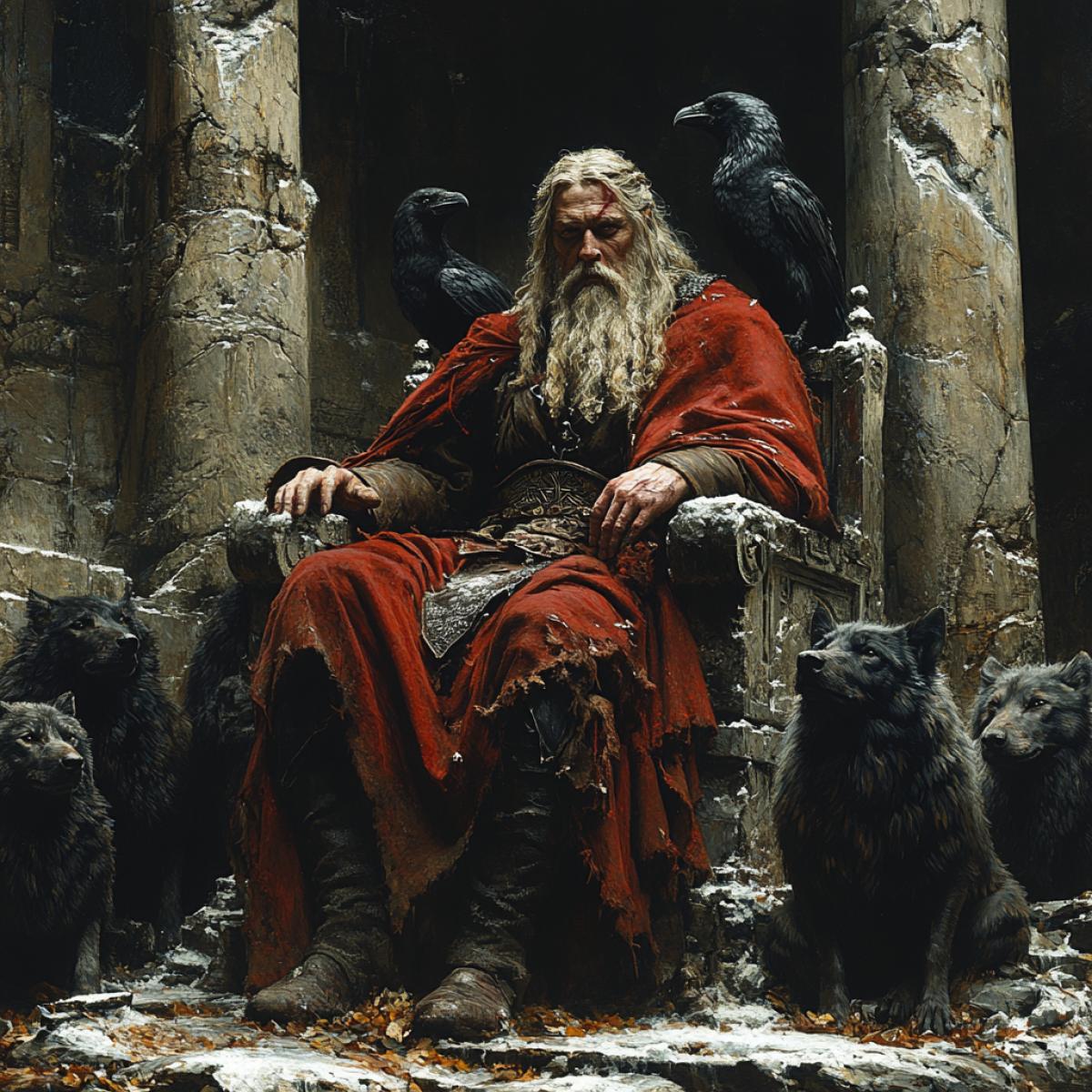 Asgarth, Hall of Columns made of crystal, the great god Odin sits on a throne of dark marble. Wolves sit at Odins feet and feed on the meat of those hited in battle, two ravens sit on his shoulders. Next to the throne stands Sleipnir, the son of Loki and the giant horse Svadilfari. This is a beautiful and strong horse with eight legs,