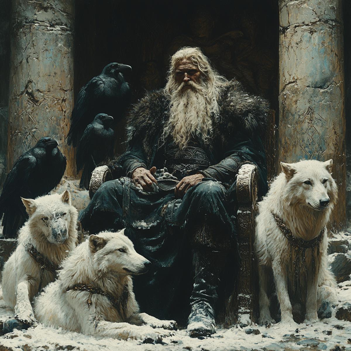 Asgarth, Hall of Columns made of crystal, the great god Odin sits on a throne of dark marble. Wolves sit at Odins feet and feed on the meat of those hited in battle, two ravens sit on his shoulders. Next to the throne stands Sleipnir, the son of Loki and the giant horse Svadilfari. This is a beautiful and strong horse with eight legs,