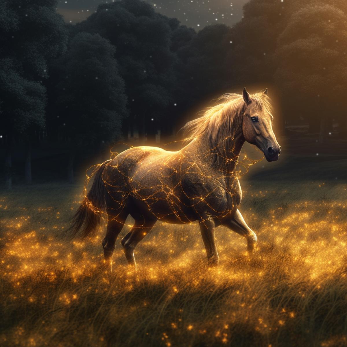 image of Odins horse. runs through the meadows, with gold particles on its sparkling golden light effects.  The image is made in a realistic style in the style of fantasy backgrounds with a mysterious atmosphere.  These are high resolution photographs with detailed images and stunning visual effects.