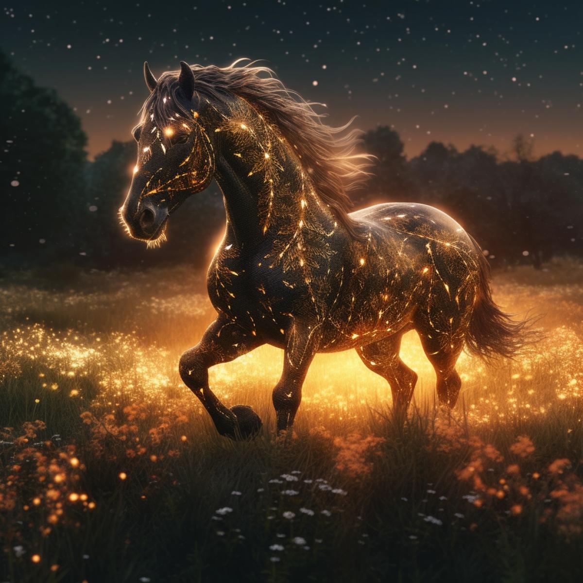 image of Odins horse. an eight-legged horse runs through the meadows, with gold particles on its   sparkling golden light effects.  The image is made in a realistic style in the style of fantasy backgrounds with a mysterious atmosphere.  These are high resolution photographs with detailed images and stunning visual effects.