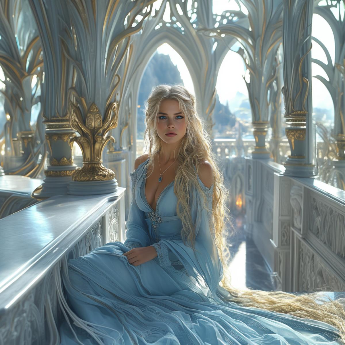 The stunning Norse goddess Sif with long golden hair and blue eyes sits on the edge of a white marble balcony in a large palace filled with intricate carvings and glowing crystals. She is wearing an elegant blue dress. The soft sunlight casts gentle shadows on her delicate features as she looks out at the vast landscape below. Her facial expression is serene yet charming, em ing grace and elegance. All attention is focused on her face.
