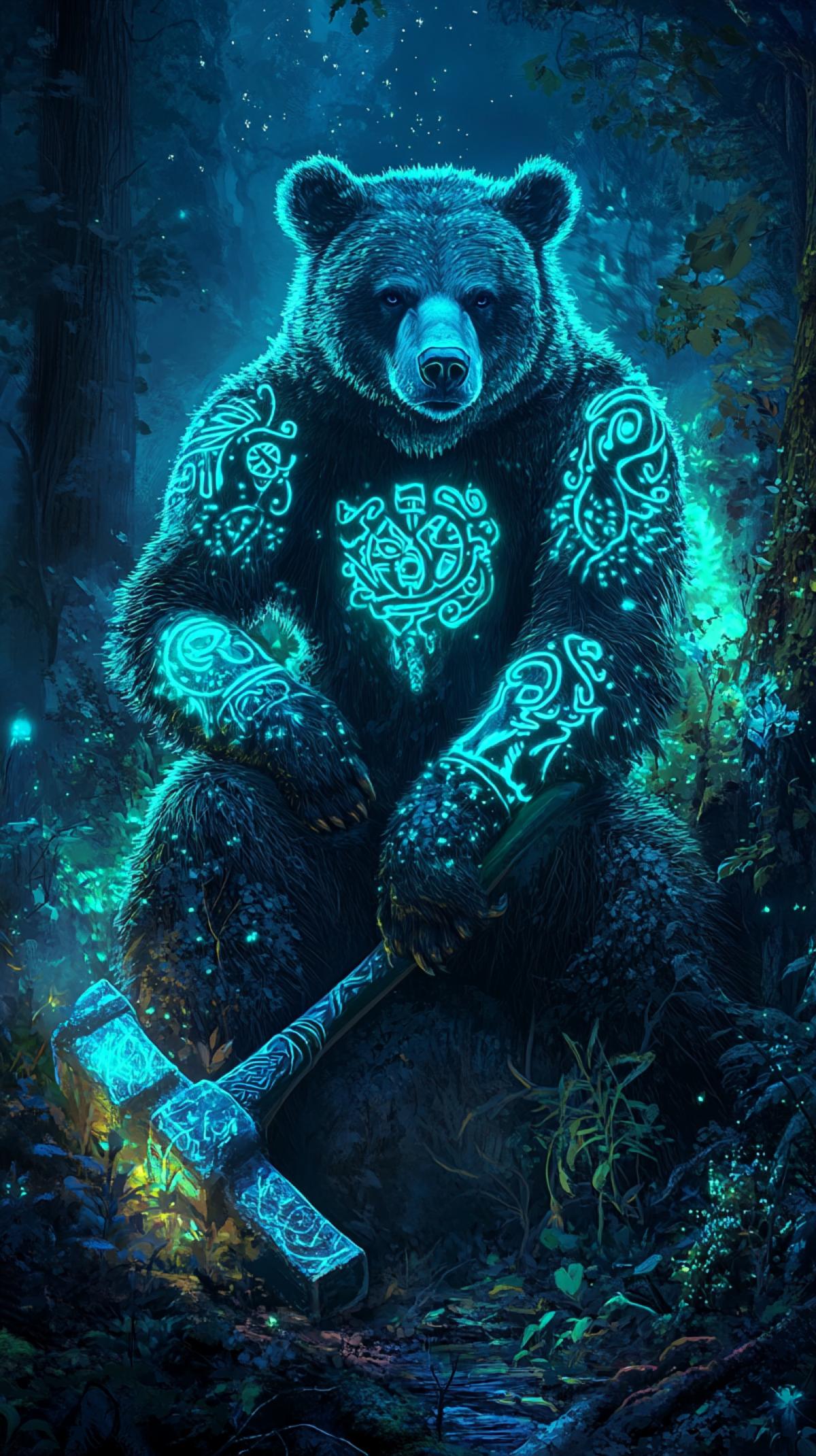 A decorated bear with a big hammer, bioluminescent tribal tattoos glowing brightly against a dark forest backdrop. The intricate patterns of the tattoos glow in vibrant shades of blue and green, casting an ethereal light around the bear. The scene is both mystical and mesmerizing, with the bioluminescence highlighting the bears natural grace and strength.