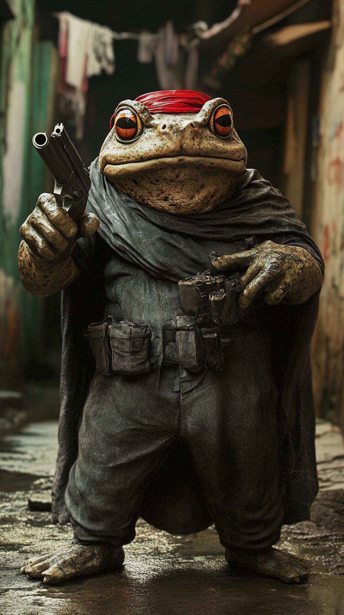Katsuhiro Otomo, photograph of a toad wearing a red headband, dressed in a dark flowing cape, holding a gun in one hand and the other hand in his pants pocket, pointing the barrel at the camera, against the backdrop of a favela in Rio de Janeiro