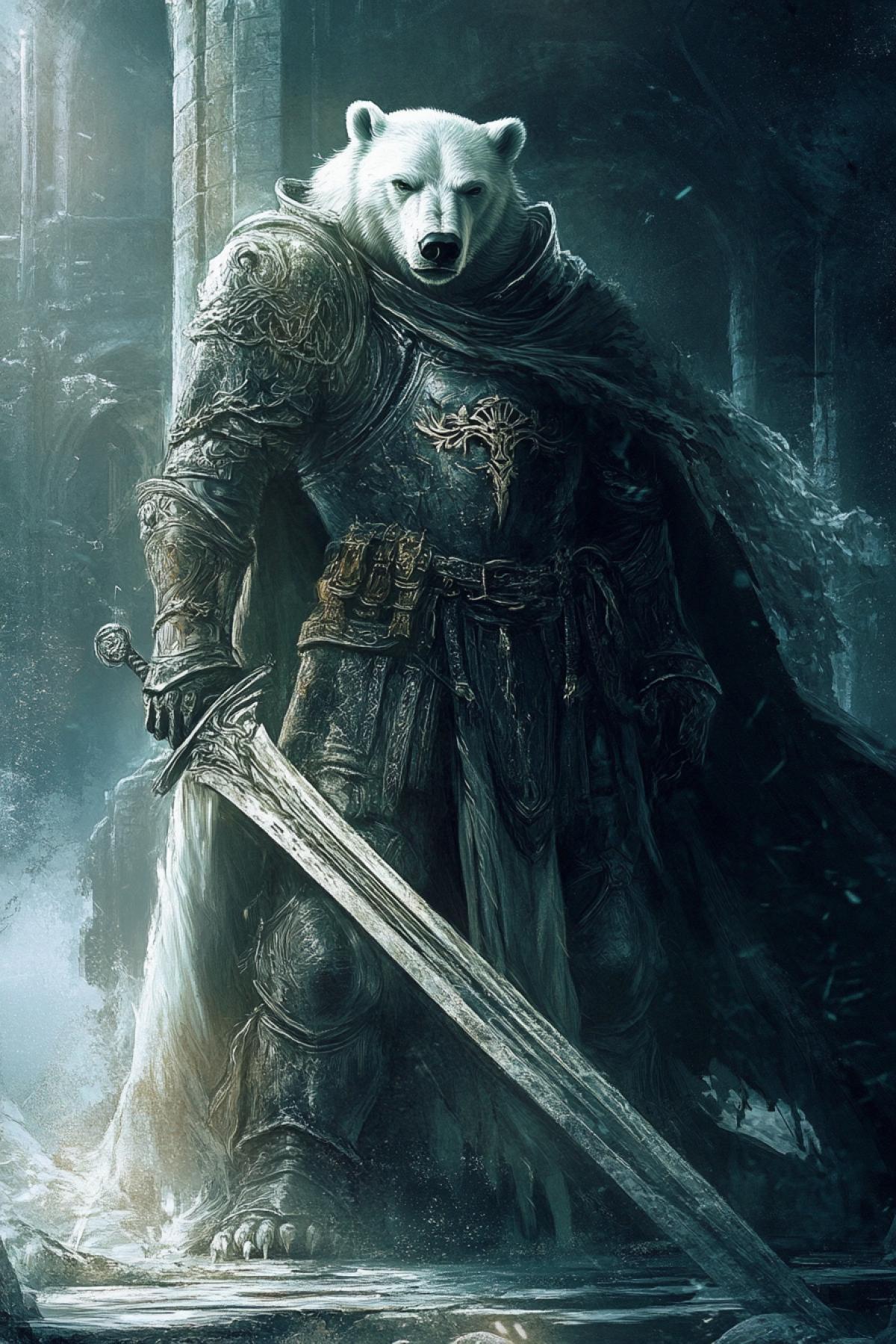 Anthropomorphic polar bear wearing Knight Templar armor. A large sword. Silver armor.