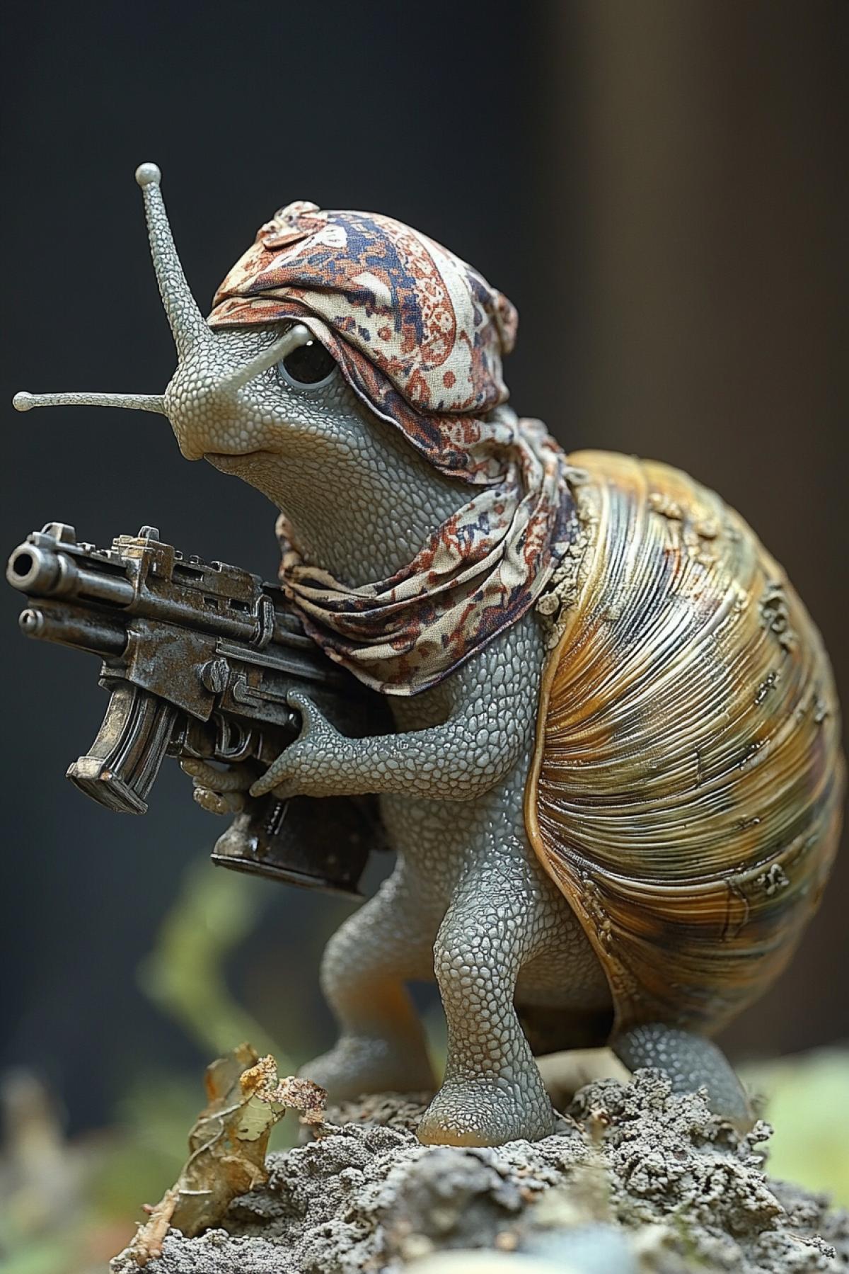 A belligerent evil snail wearing a bandana. A machine gun is mounted on the shell. Cartoon image. Humor.