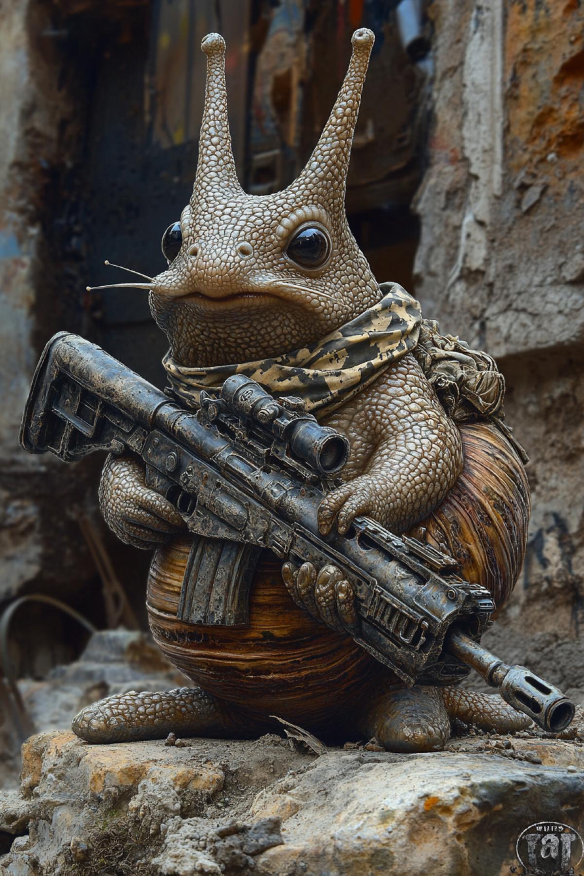 A belligerent evil snail wearing a bandana. A machine gun is mounted on the shell. Cartoon image. Humor.