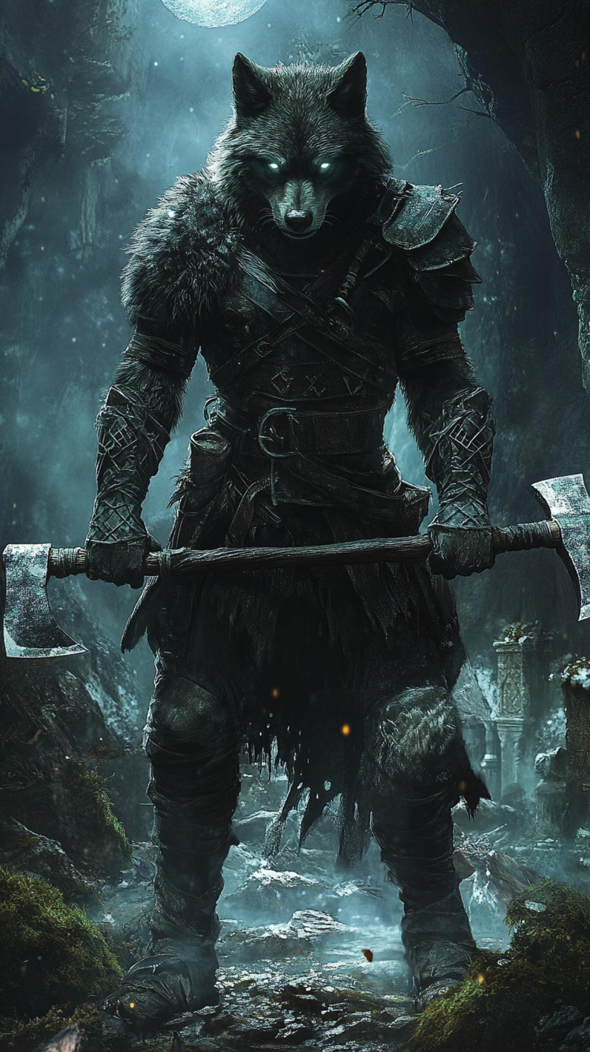 Wolf warrior with axes, ferocious countenance, obsidian fur glistening under moonlight, dual serrated axes strapped across a rugged back, intricately patterned leather armor, glowing gray eyes piercing the darkness, surrounded by ancient ruins covered in moss, mist rising from the ground, atmospheric lighting creating a mystical aura, low angle shot emphasizing power and dominance.