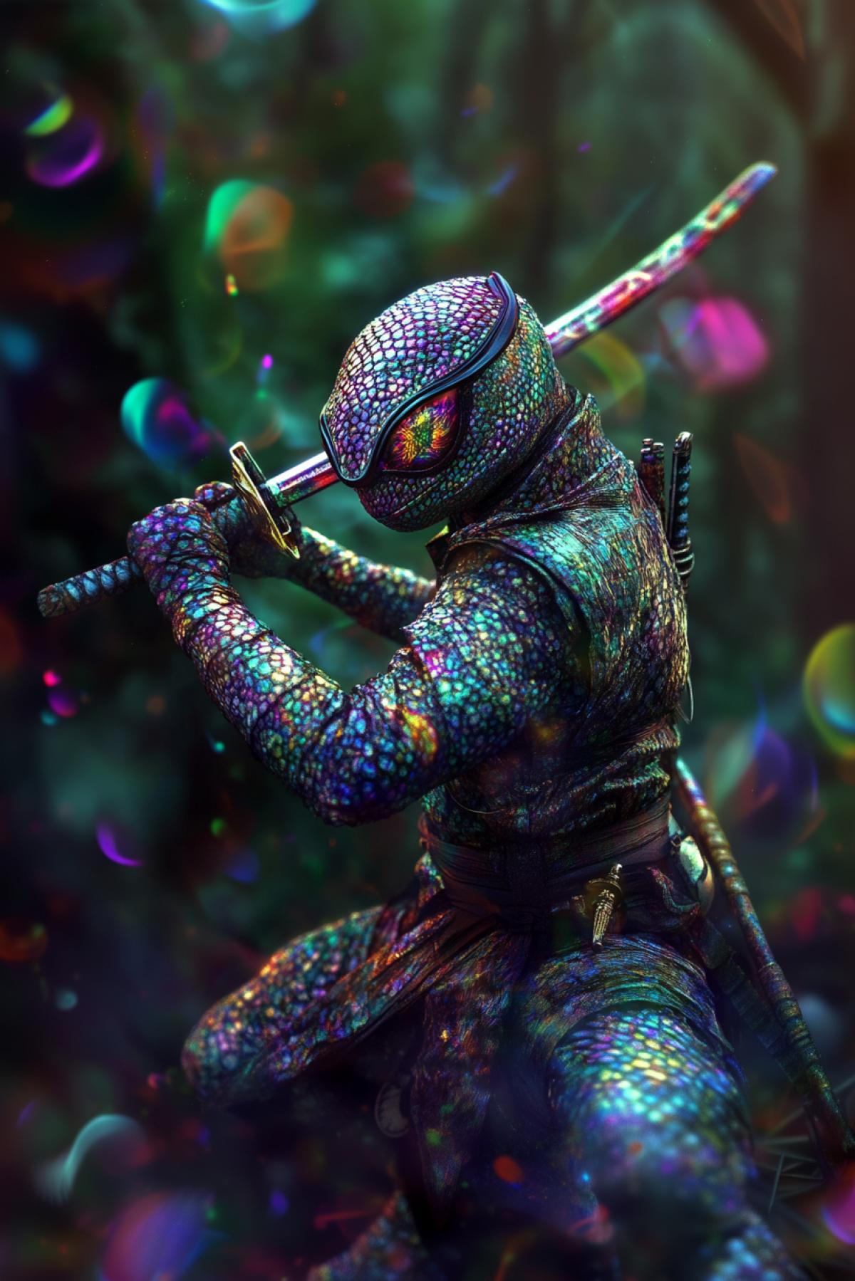 chameleon ninja. flicker, realistic image, photoshop. Psychedelic, hologram