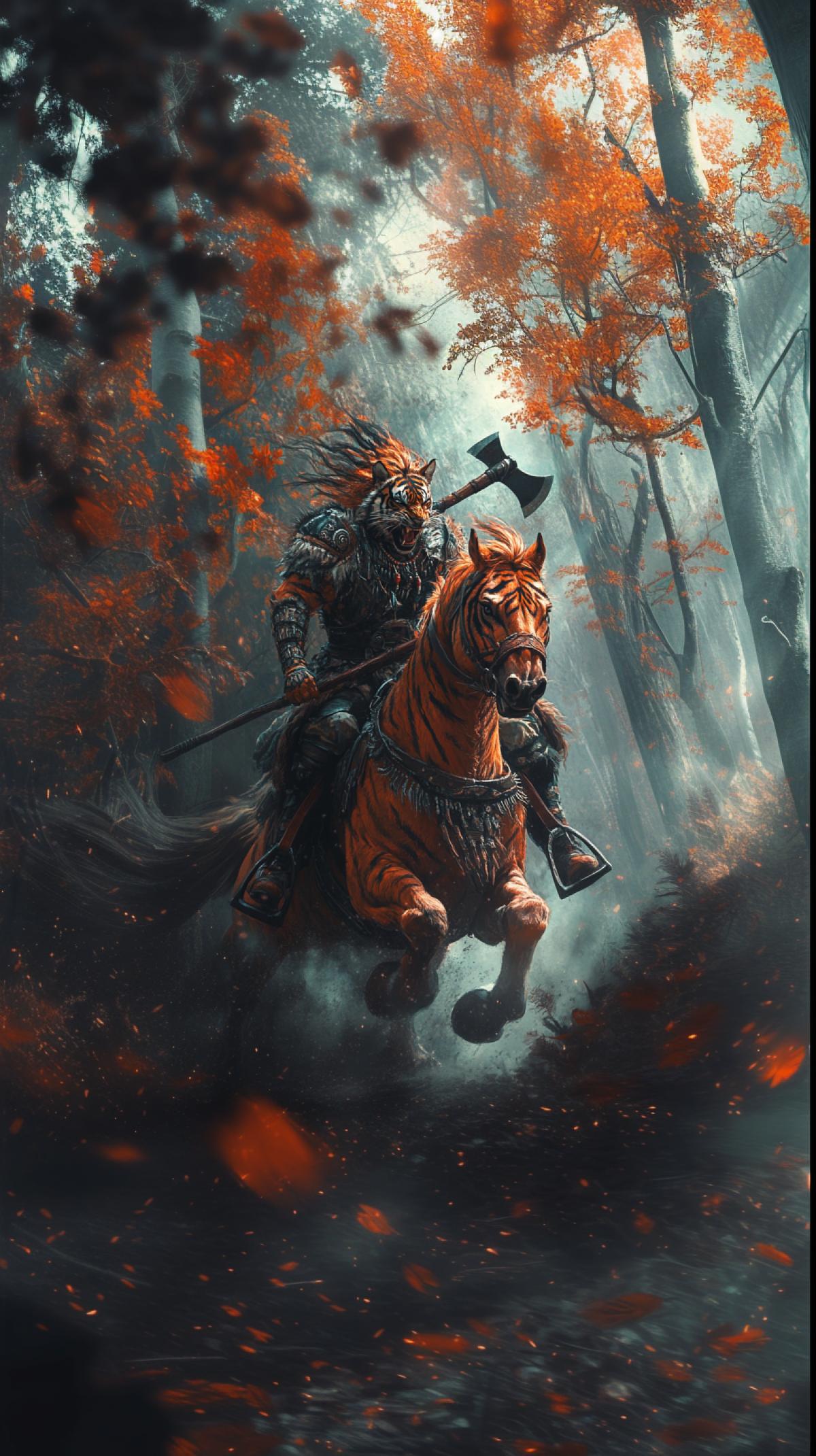 Tiger warrior with axes riding a horse, sleek orange and dark stripes contrasting with the horse’s dark mane, powerful stance atop a majestic steed, ornate battle armor reflecting tribal motifs, fierce expression illuminated by bioluminescent patterns on the horse’s coat, galloping through an enchanted forest, vibrant foliage in high saturation, dynamic angle showcasing movement and strength, dust particles sparkling in the air.