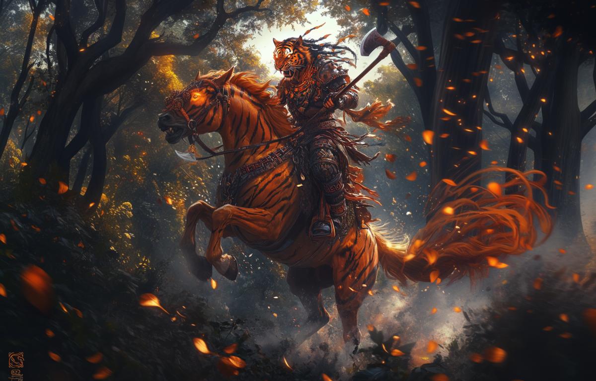 Tiger warrior with axes riding a horse, sleek orange and dark stripes contrasting with the horse’s dark mane, powerful stance atop a majestic steed, ornate battle armor reflecting tribal motifs, fierce expression illuminated by bioluminescent patterns on the horse’s coat, galloping through an enchanted forest, vibrant foliage in high saturation, dynamic angle showcasing movement and strength, dust particles sparkling in the air.