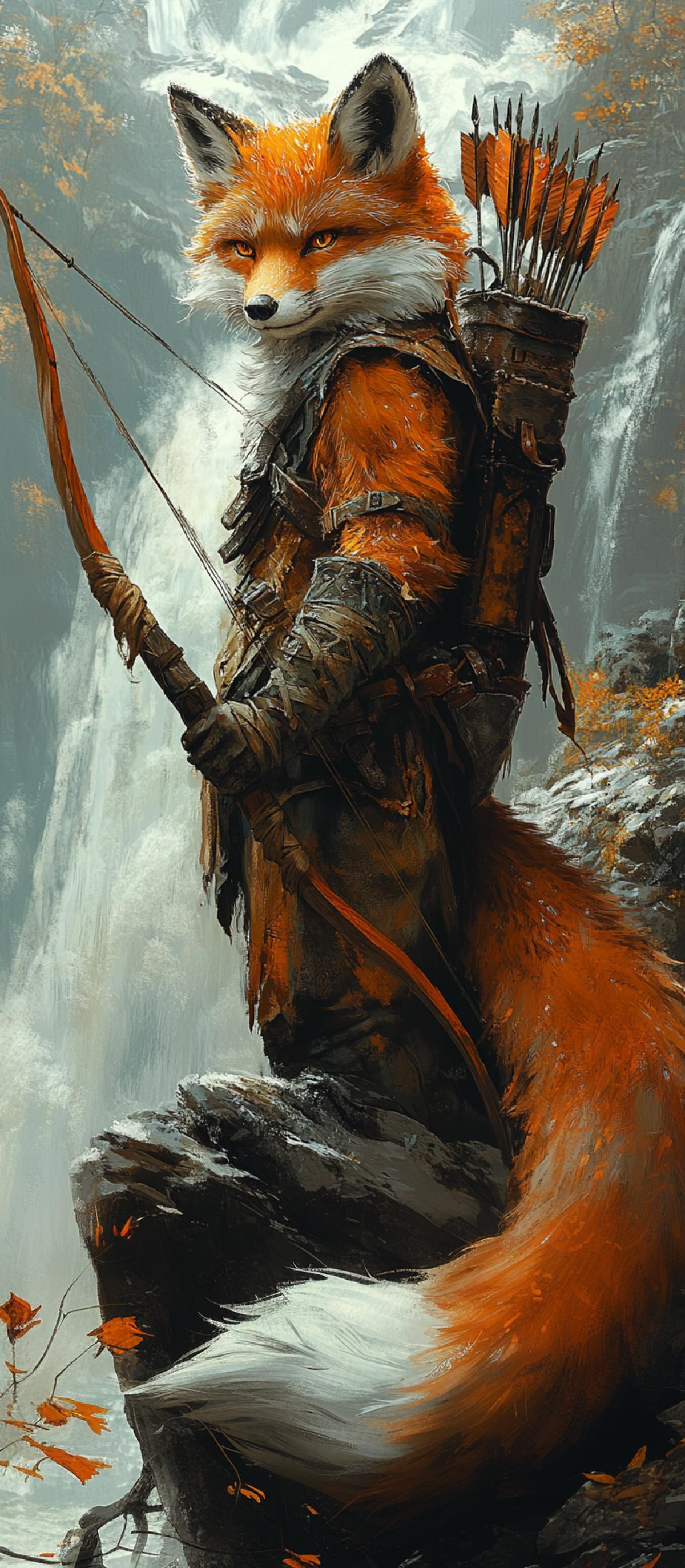 Fox warrior archer on a cliff, vibrant orange fur glistening with dew, elegantly feathered quiver slung over the shoulder, intricately carved bow shimmering with magical runes, alert amber eyes scanning the horizon, windswept tail trailing dramatically behind, surrounded by cascading waterfalls and iridescent flora, ethereal mist shrouding the valley below, dramatic high-angle shot emphasizing poise and anticipation.