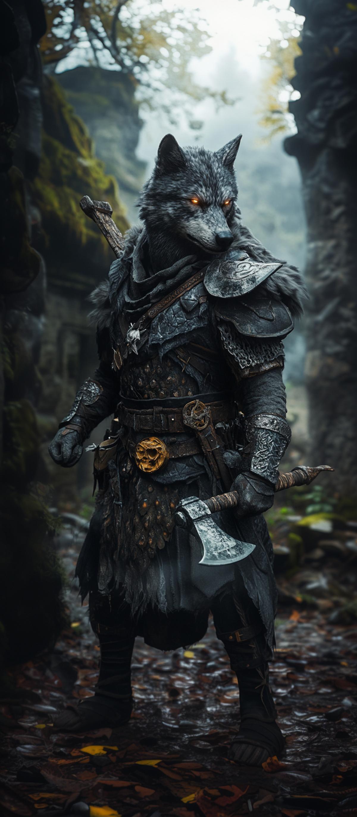 Wolf warrior with axes, ferocious countenance, obsidian fur glistening under moonlight, dual serrated axes strapped across a rugged back, intricately patterned leather armor, glowing gray eyes piercing the darkness, surrounded by ancient ruins covered in moss, mist rising from the ground, atmospheric lighting creating a mystical aura, low angle shot emphasizing power and dominance.