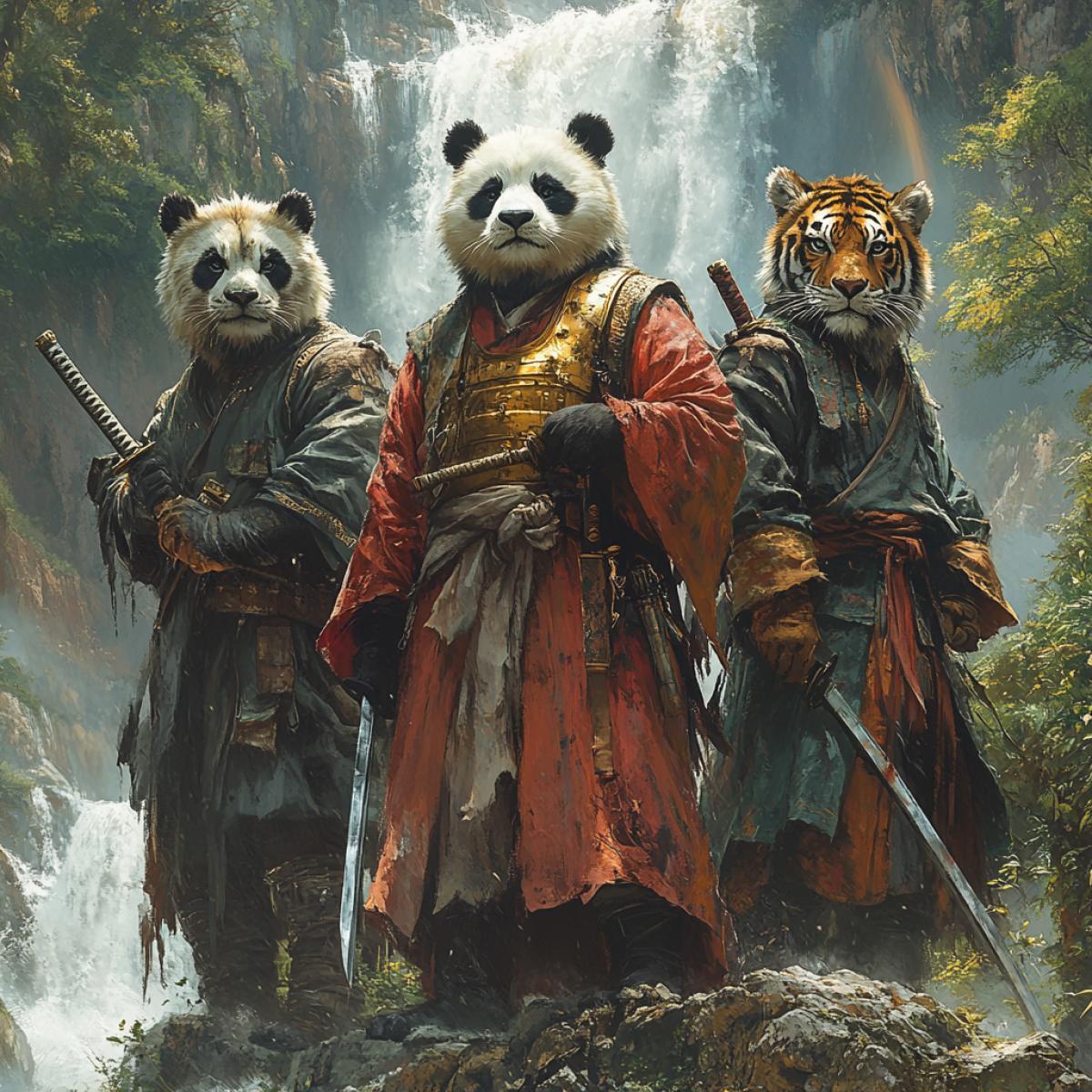 Panda, lion, and tiger warriors as swordsmen atop a cliff by waterfalls, striking 4ks showcasing contrasting fur patterns, panda with a bamboo sword, lion adorned in golden armor reflecting sunlight, tiger exuding fierce intensity with a gleaming katana, roaring cascades of water crashing below, vibrant rainbow emerging from mist, lush greenery framing the scene, heroic backlit com4k emphasizing camaraderie and strength.