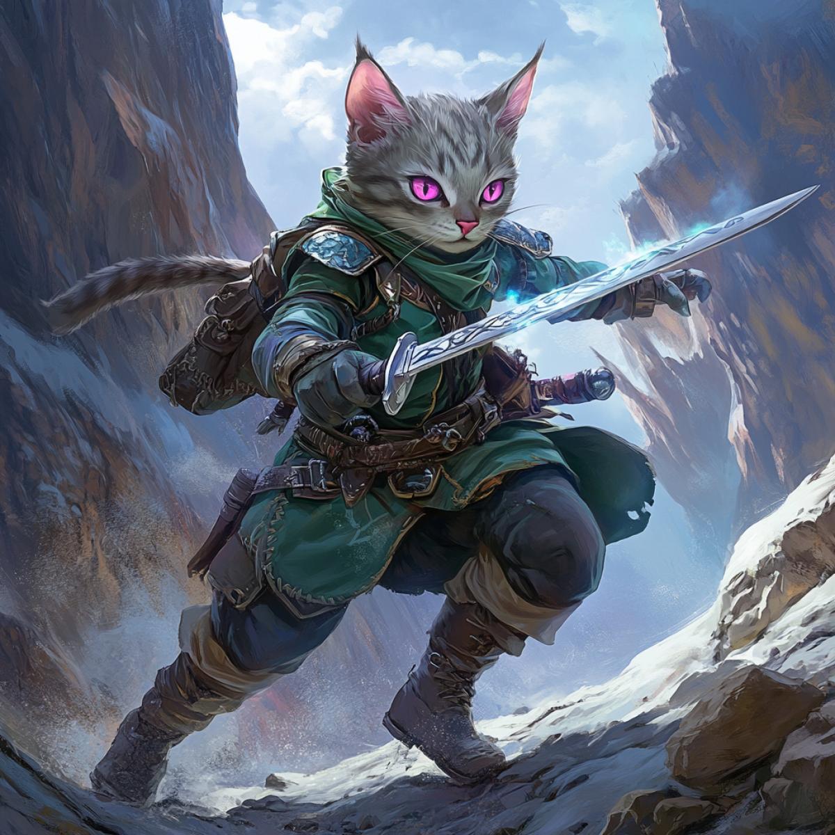 digital illustration by artist Arun Fauzdar, a young elf cat with pink eyes, dressed in a green and blue outfit with various accessories and holding a silver blade with glowing runes. she runs along a rocky surface against the backdrop of a large beautiful mountain