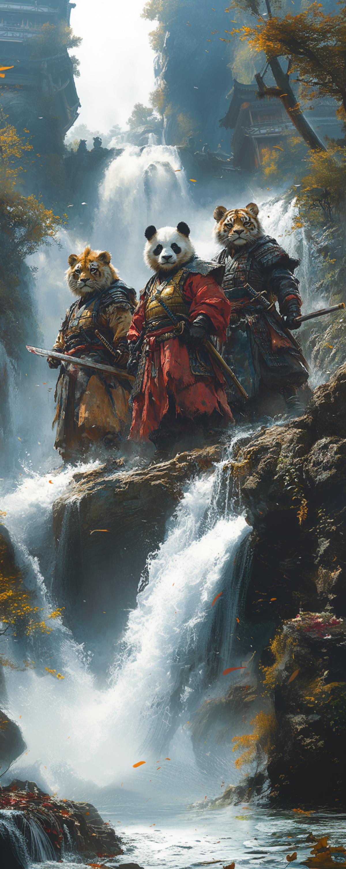Panda, lion, and tiger warriors as swordsmen atop a cliff by waterfalls, striking 4ks showcasing contrasting fur patterns, panda with a bamboo sword, lion adorned in golden armor reflecting sunlight, tiger exuding fierce intensity with a gleaming katana, roaring cascades of water crashing below, vibrant rainbow emerging from mist, lush greenery framing the scene, heroic backlit com4k emphasizing camaraderie and strength.
