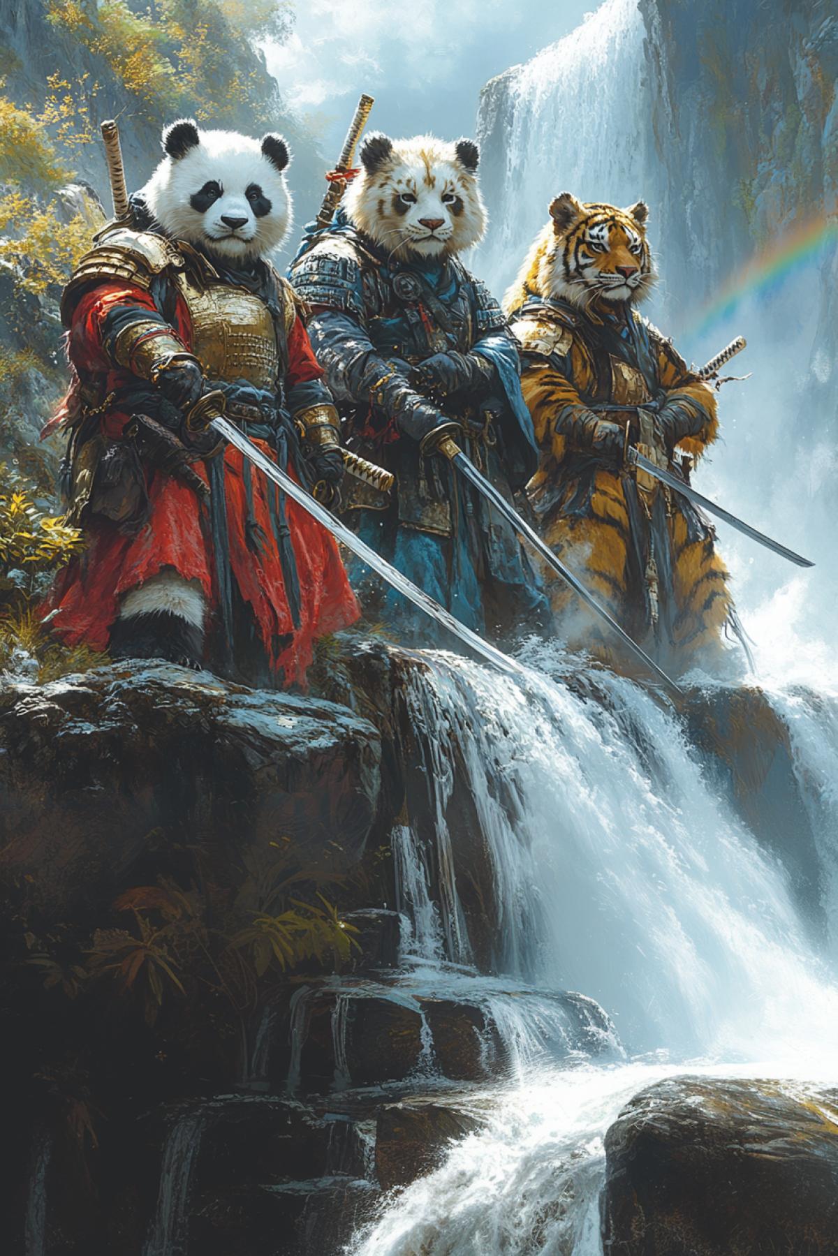 Panda, lion, and tiger warriors as swordsmen atop a cliff by waterfalls, striking 4ks showcasing contrasting fur patterns, panda with a bamboo sword, lion adorned in golden armor reflecting sunlight, tiger exuding fierce intensity with a gleaming katana, roaring cascades of water crashing below, vibrant rainbow emerging from mist, lush greenery framing the scene, heroic backlit com4k emphasizing camaraderie and strength.