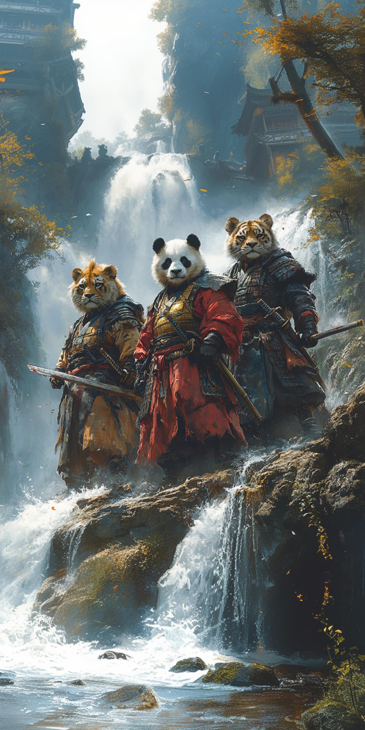 Panda, lion, and tiger warriors as swordsmen atop a cliff by waterfalls, striking 4ks showcasing contrasting fur patterns, panda with a bamboo sword, lion adorned in golden armor reflecting sunlight, tiger exuding fierce intensity with a gleaming katana, roaring cascades of water crashing below, vibrant rainbow emerging from mist, lush greenery framing the scene, heroic backlit com4k emphasizing camaraderie and strength.