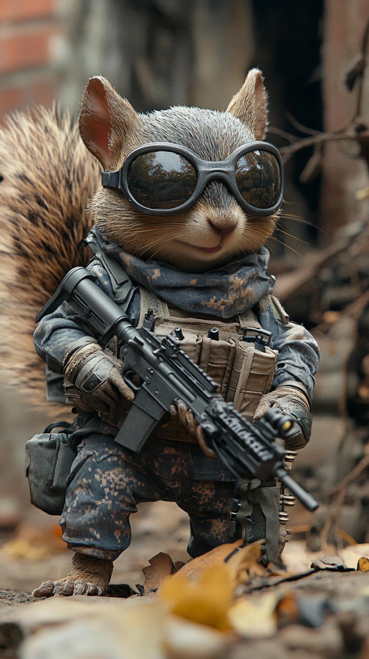 Mad squirrel special forces operative, clad in tactical gear with oversized goggles, bushy tail bristling with energy, finely detailed camouflage patterns merging with the surrounding foliage, intricate gadgets strapped to tiny limbs, poised in a dynamic crouch, equipped with a miniature rifle, urban ruins in the background with crumbling brick walls and vines, high-contrast lighting highlighting the squirrel’s sharp features, cinematic low-angle shot enhancing the intensity of the moment.