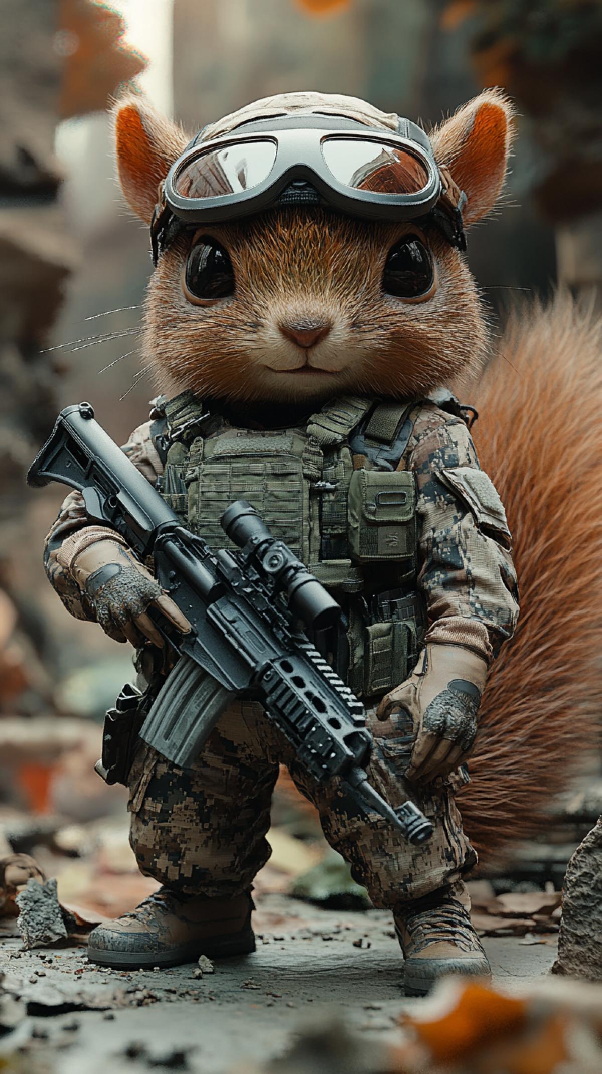 Mad squirrel special forces operative, clad in tactical gear with oversized goggles, bushy tail bristling with energy, finely detailed camouflage patterns merging with the surrounding foliage, intricate gadgets strapped to tiny limbs, poised in a dynamic crouch, equipped with a miniature rifle, urban ruins in the background with crumbling brick walls and vines, high-contrast lighting highlighting the squirrel’s sharp features, cinematic low-angle shot enhancing the intensity of the moment.