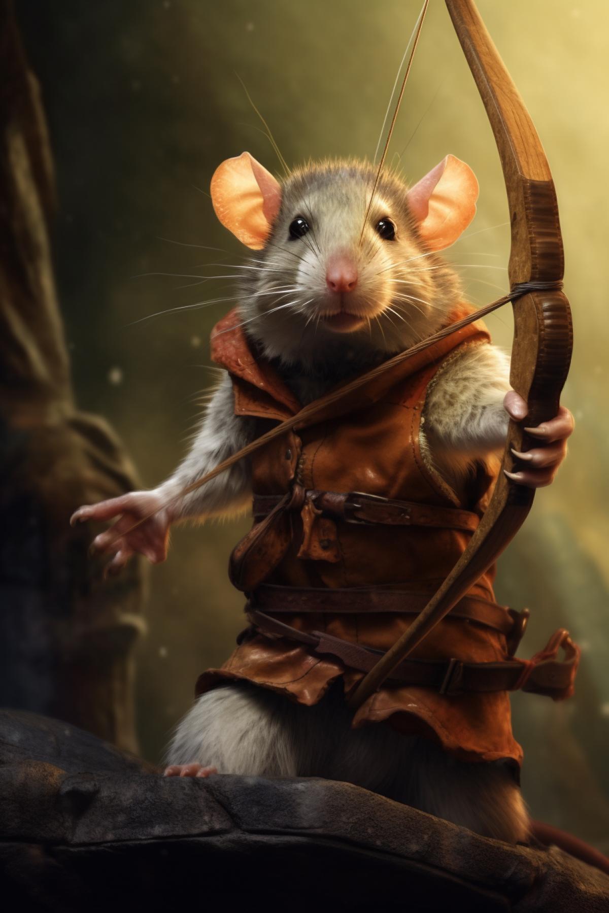 Portrait of a rat that shoots from a bow. realistic image