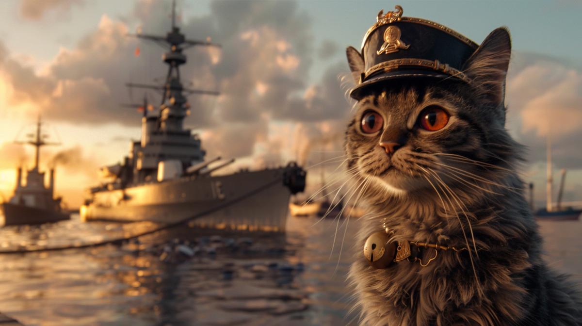 In the foreground, a cat in a captains cap stands against the background of the battleship Iowa, in the background there is a bay with ships and the sea, contour lighting, epic 4k