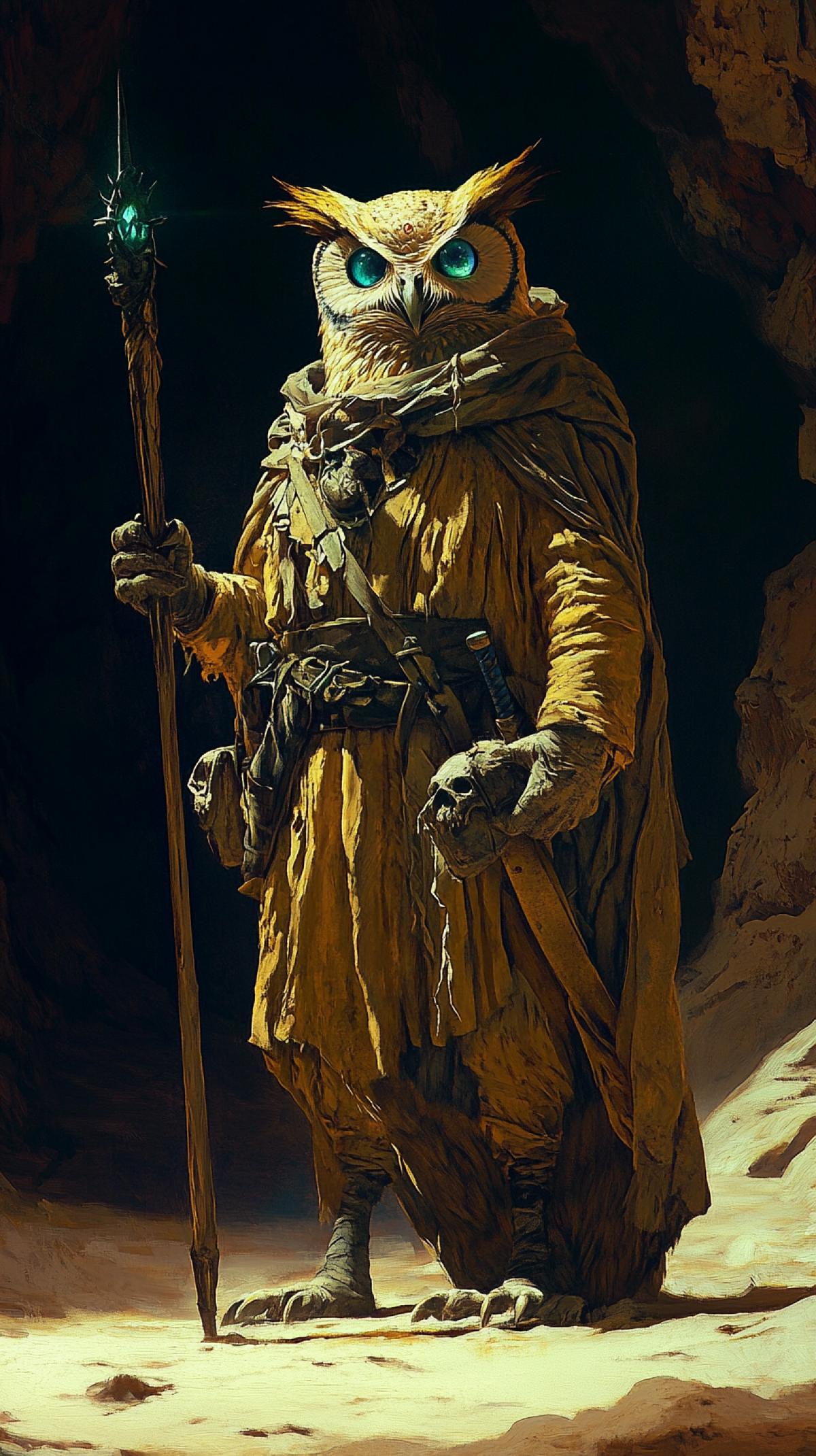 undead themed anthropomorphic owl, wielding the Spear of Destiny, iridescent colored, in the style of Gerald Brom art, dnd concept art, 1970s dark fantasy style, full illustration, abandoned mine background --no brushstroke, messy, deformed