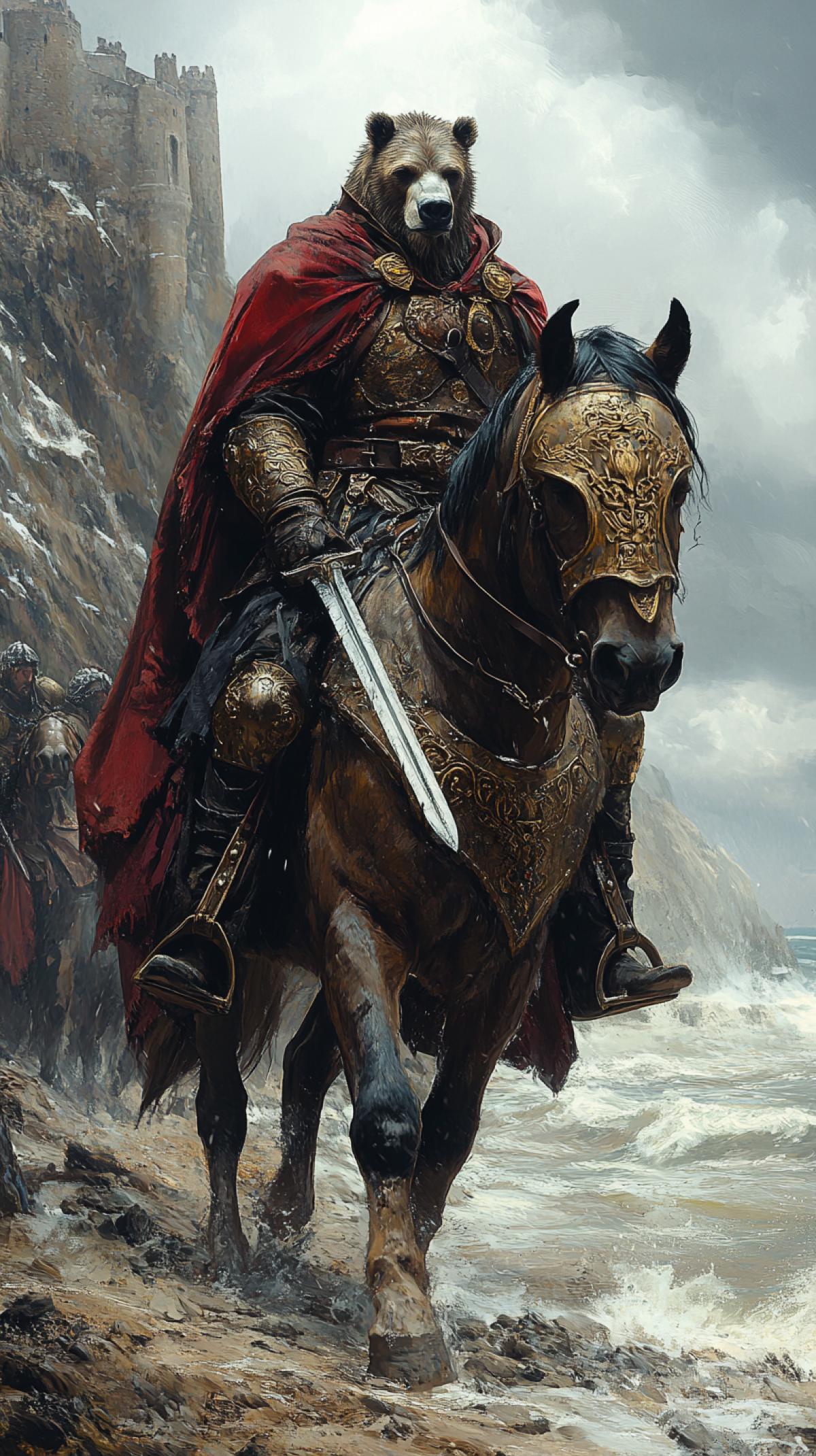 Brown bear warrior swordsman riding a heavy draft horse, massive figure clad in ornate dark armor with intricate iron filigree, gleaming broadsword resting across his lap, cliffs towering above crashing ocean waves below, stormy skies casting dramatic shadows, rugged terrain littered with sharp rocks, horse adorned with rich crimson saddle, fierce stronghold visible in the distance, epic fantasy com4k infused with a sense of impending battle and ancient glory.