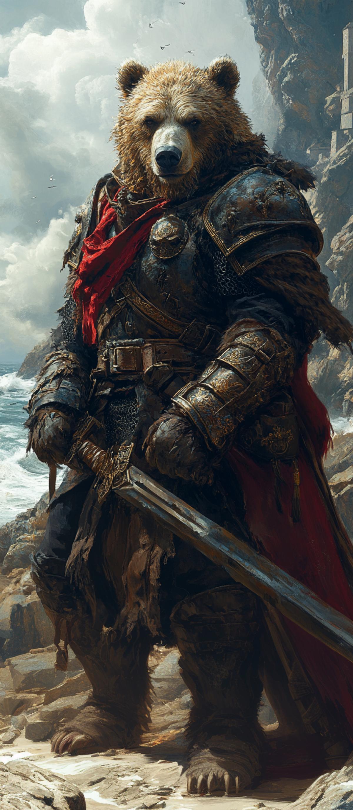 Brown bear warrior swordsman riding a heavy draft horse, massive figure clad in ornate dark armor with intricate iron filigree, gleaming broadsword resting across his lap, cliffs towering above crashing ocean waves below, stormy skies casting dramatic shadows, rugged terrain littered with sharp rocks, horse adorned with rich crimson saddle, fierce stronghold visible in the distance, epic fantasy com4k infused with a sense of impending battle and ancient glory.